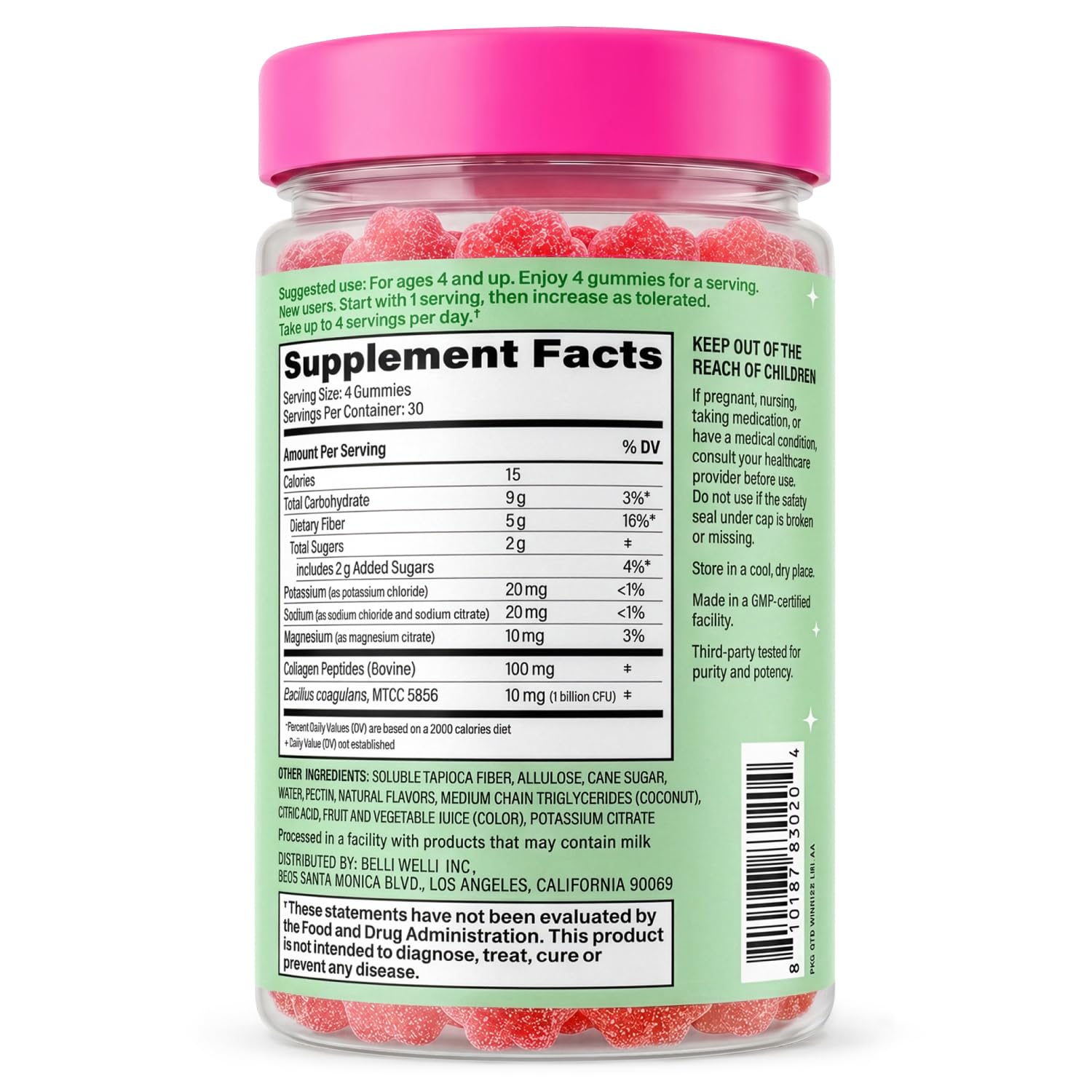 Belli Welli gummy near medicine cap for scale showing chew size and dosing