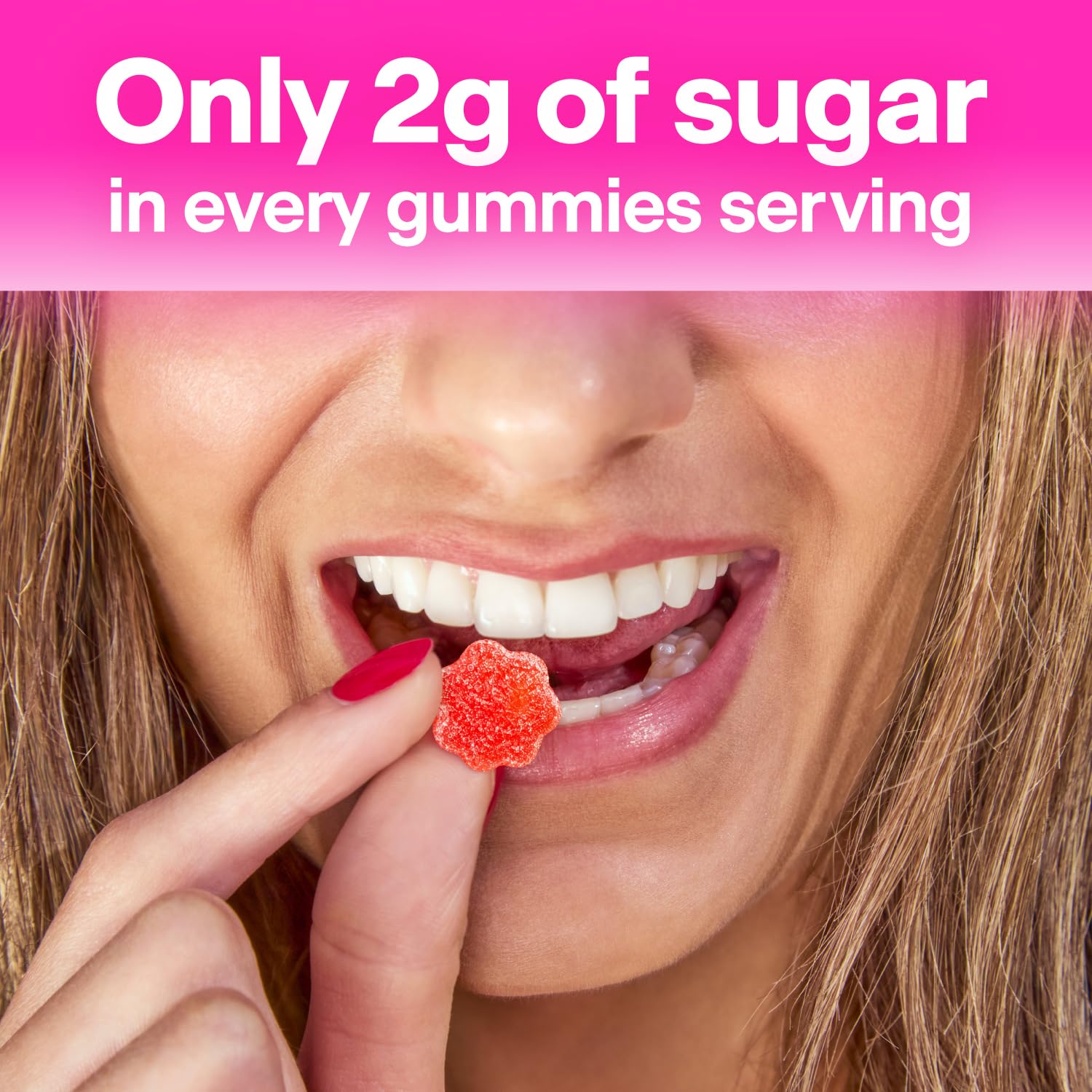 Belli Welli three gummies in hand showing serving size and portability benefit