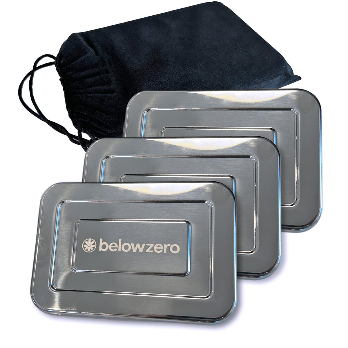 Below Zero front view of three stainless steel ice packs showing compact set and durability