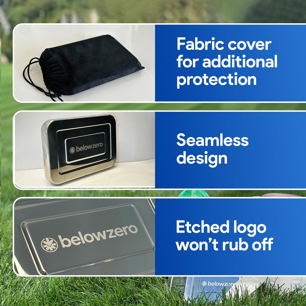 Below Zero held in hand to show slim profile and portable convenience