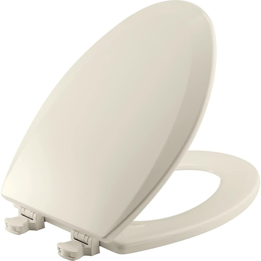 Bemis front view of elongated seat showing biscuit color and clean lines, enhances bathroom look