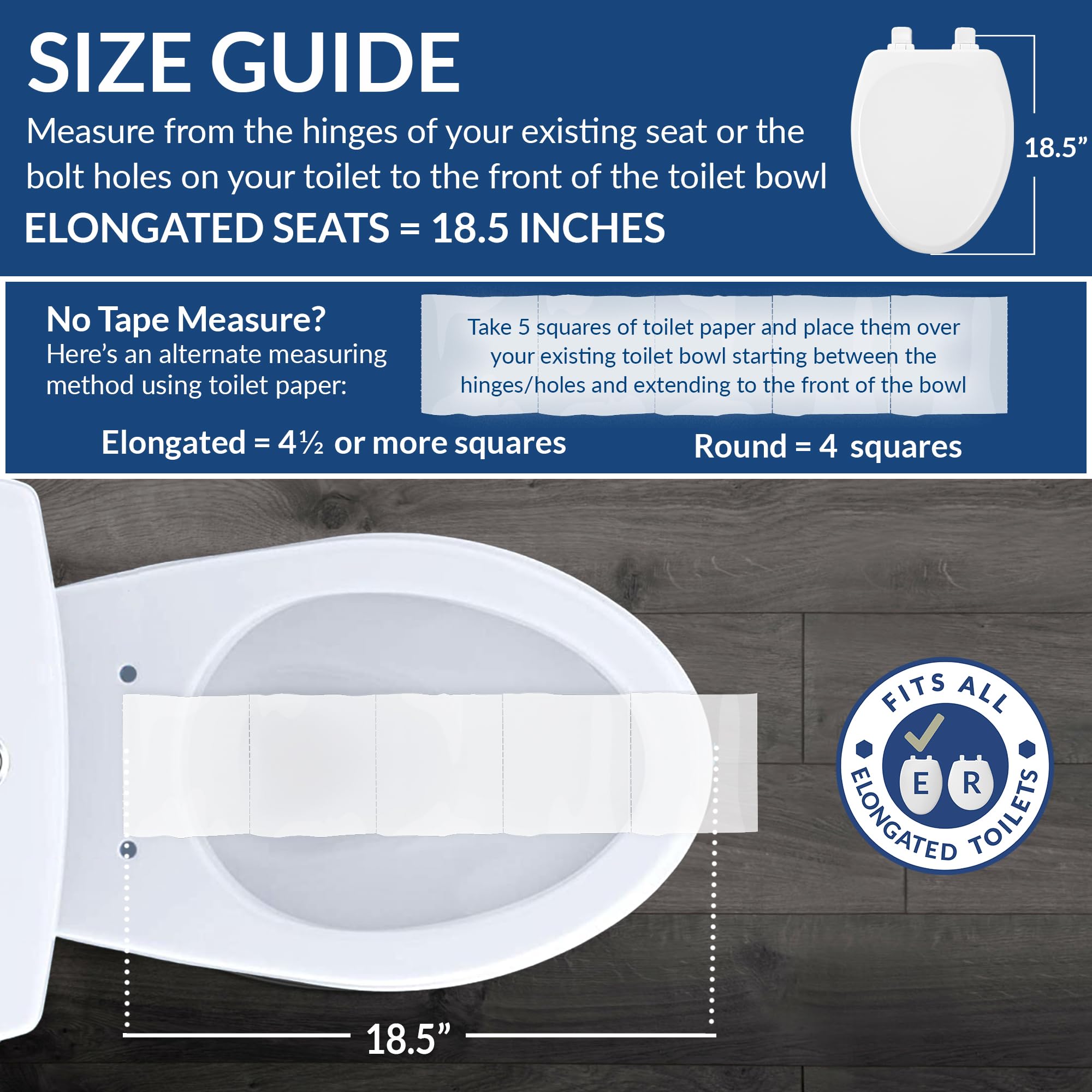 Bemis seat next to ruler showing dimensions for correct elongated toilet measurement