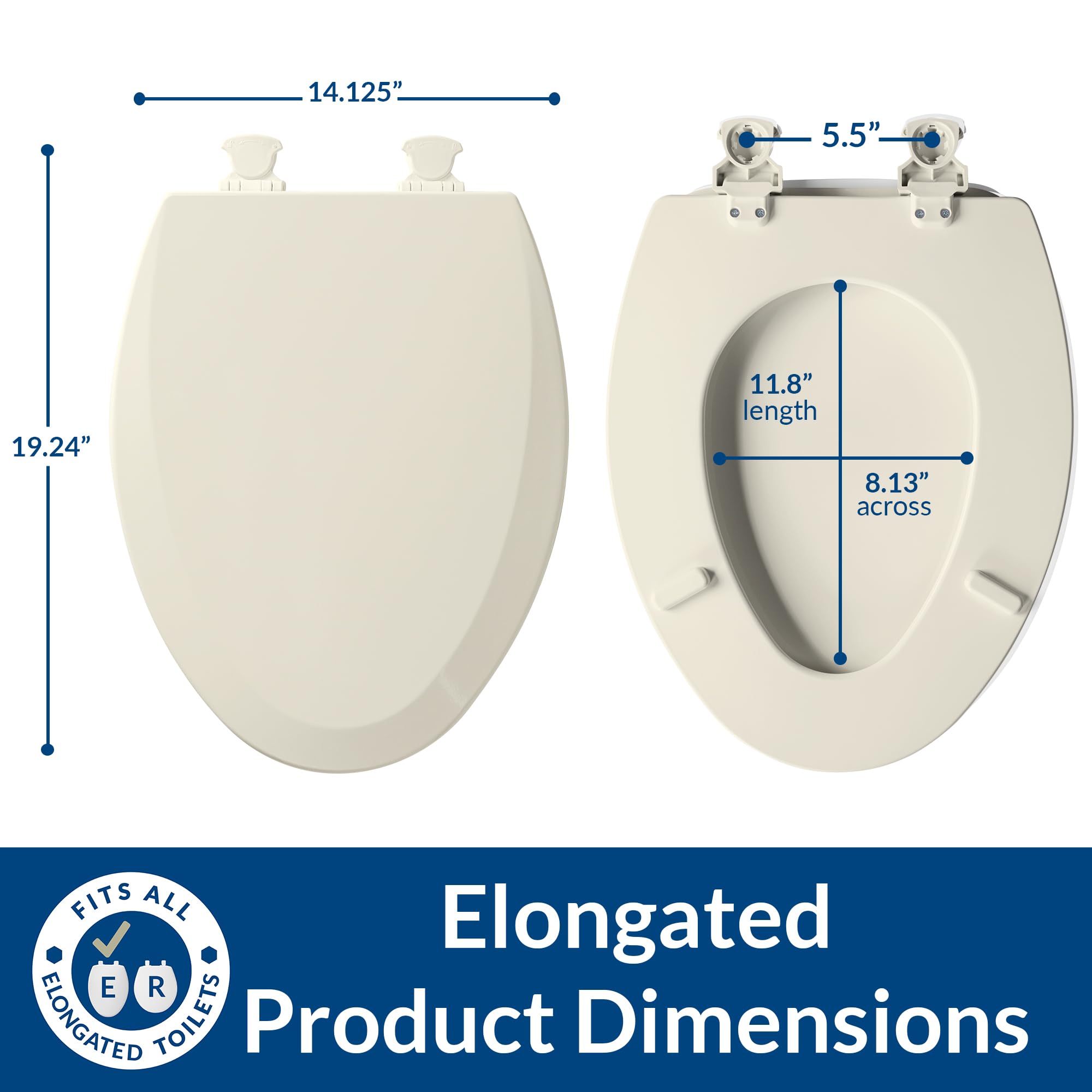 Bemis side view demonstrating fit and clearance on elongated toilets for reliable compatibility