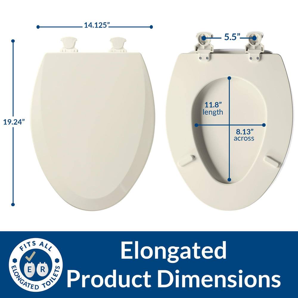 Bemis side view demonstrating fit and clearance on elongated toilets for reliable compatibility