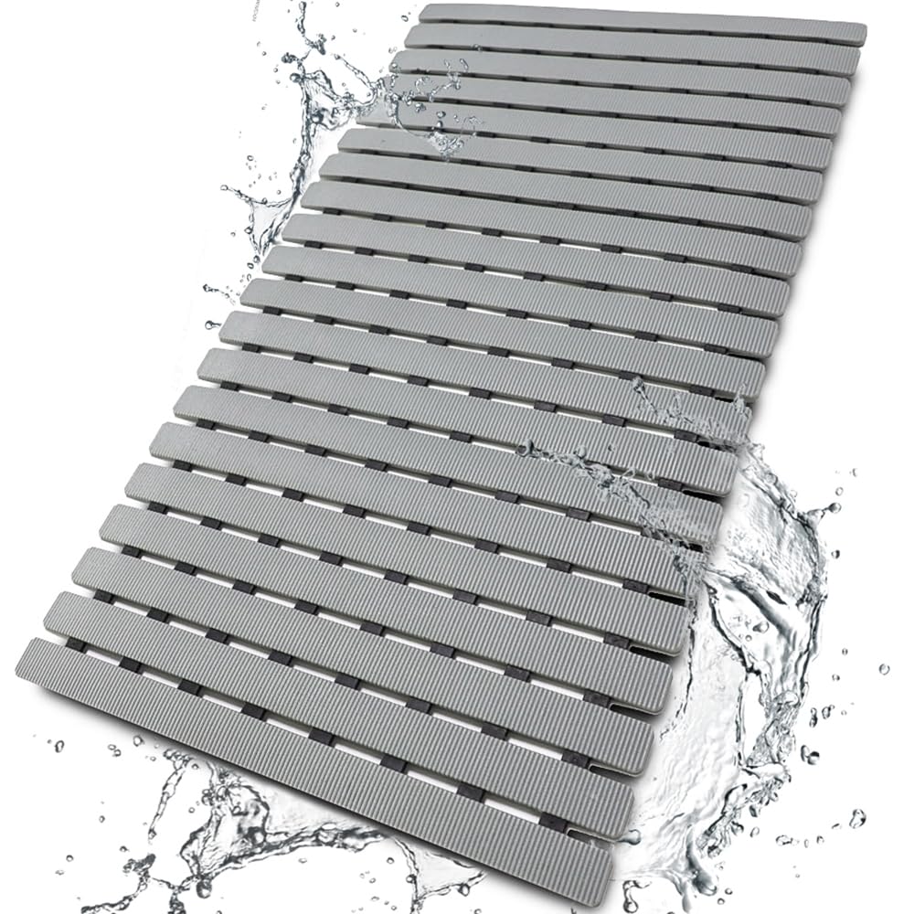 BEMISO front view bath mat showing non-slip surface and neutral gray color