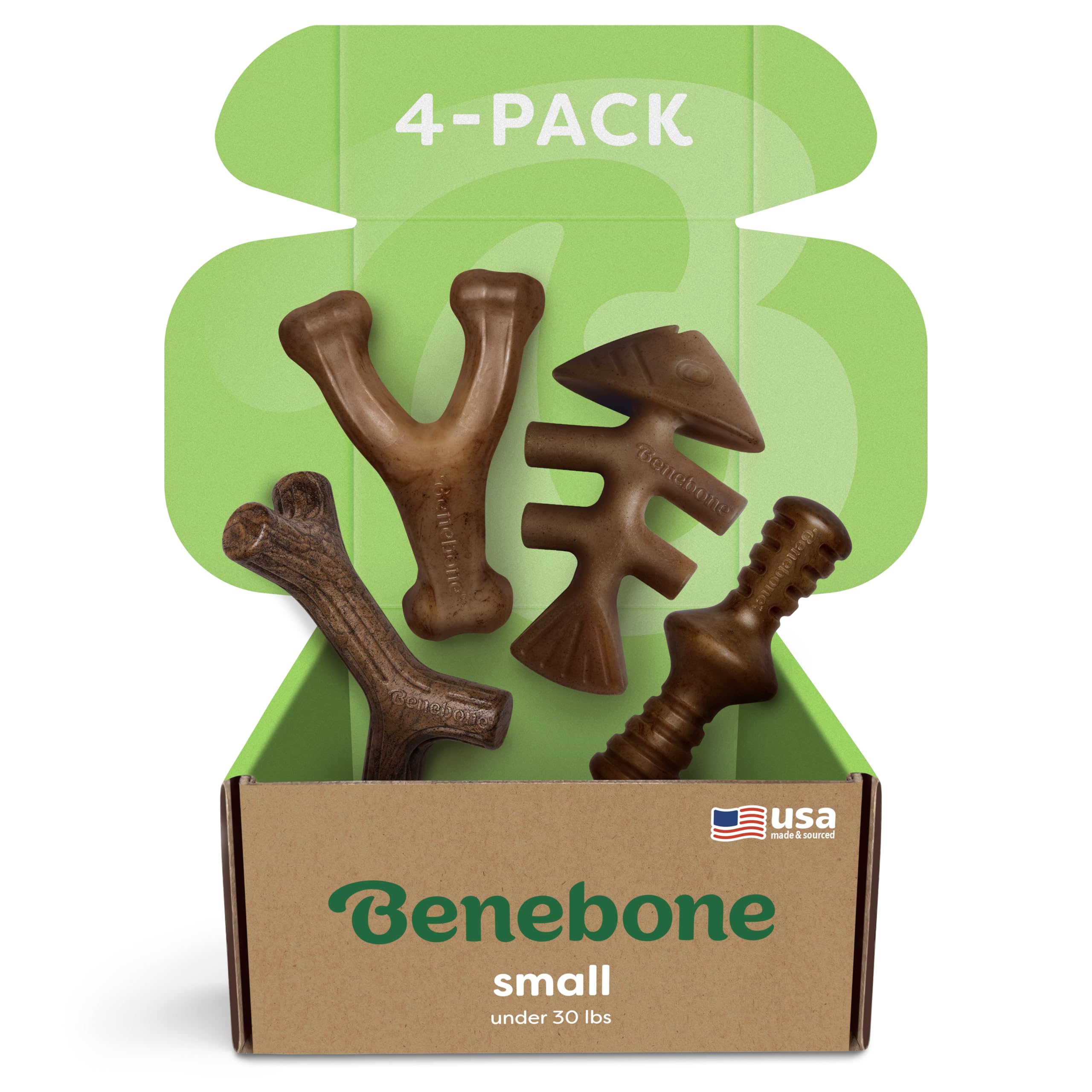 Benebone front packaging small 4-pack showing contents and benefits