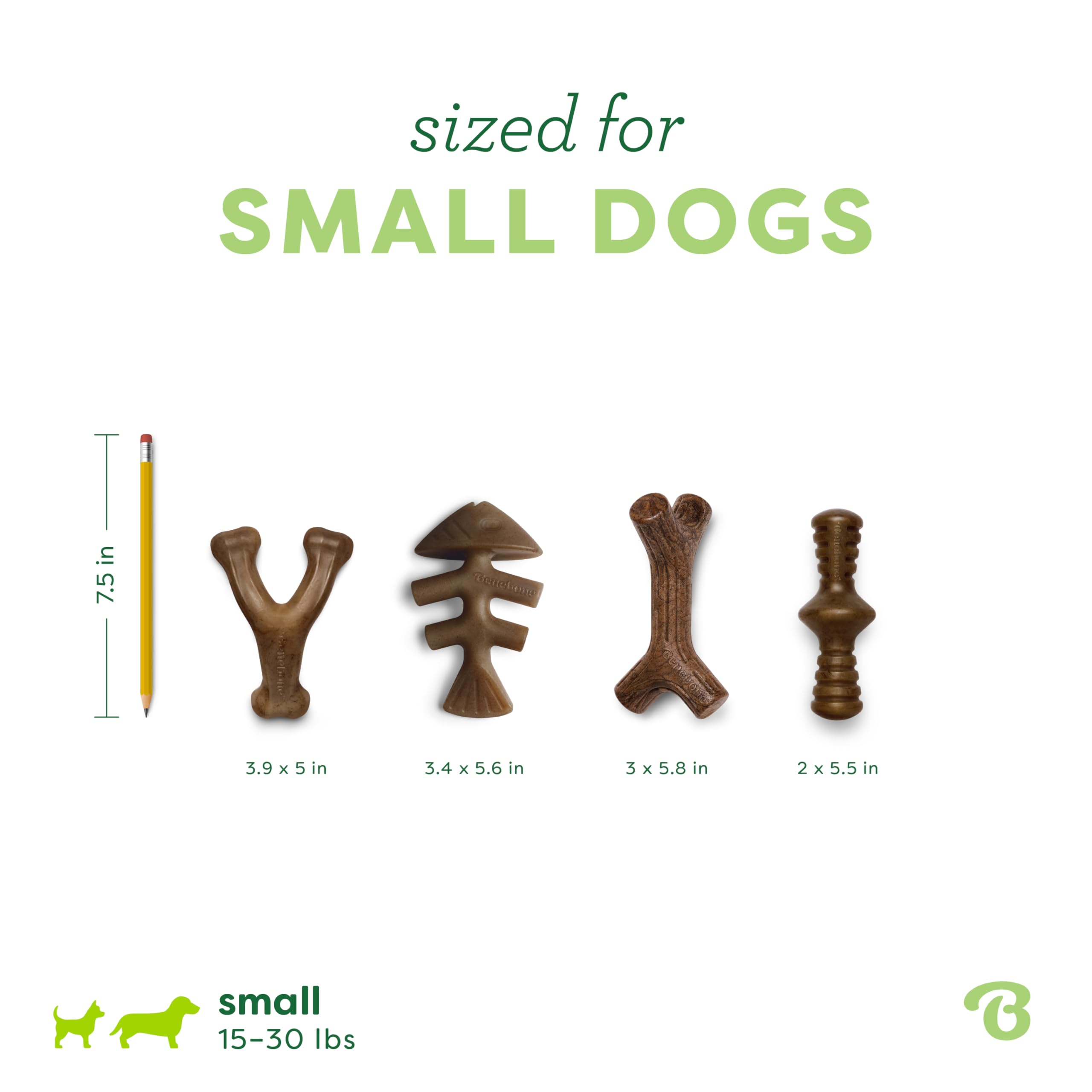 Benebone bone next to hand showing small size for under 30 lbs dogs