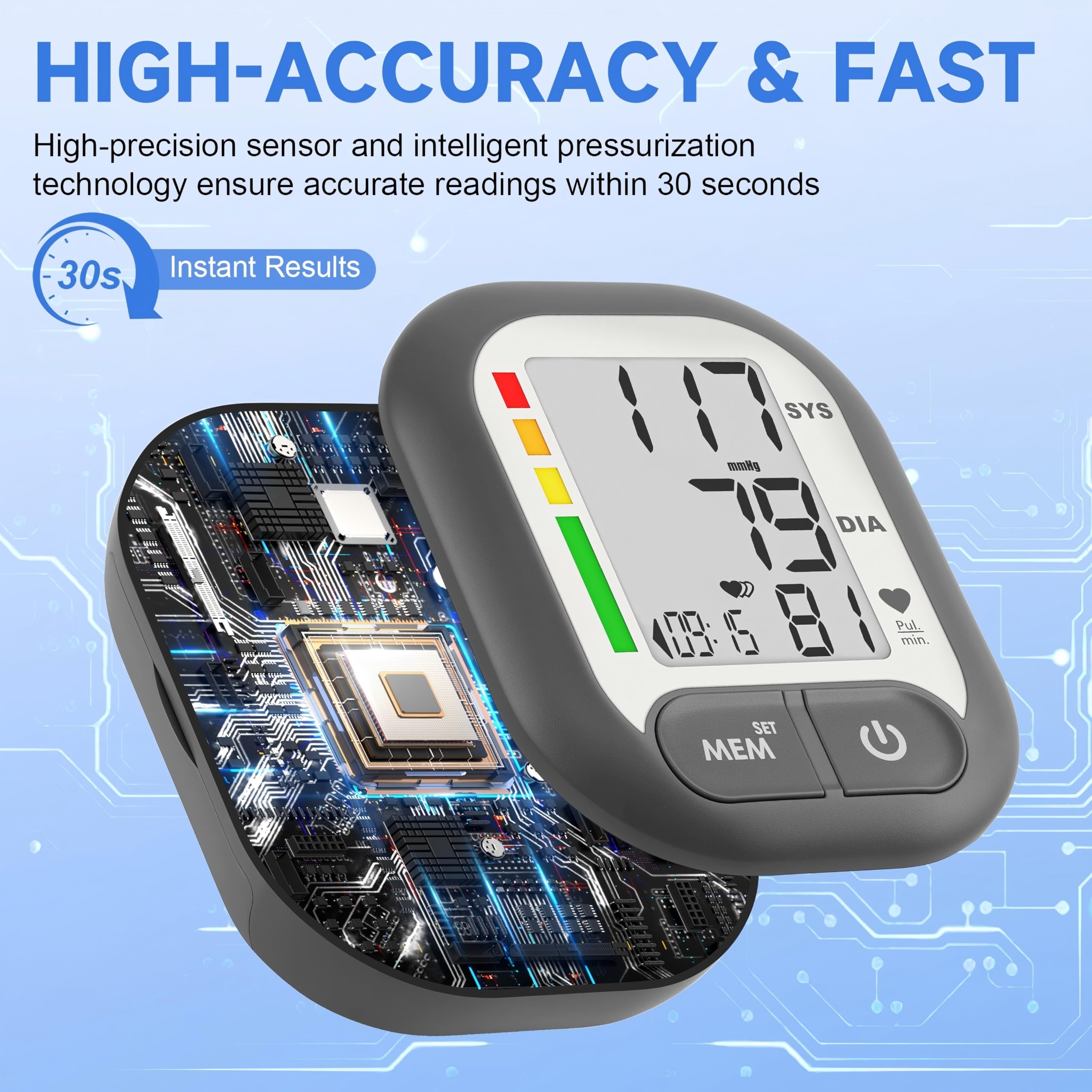 BENECEN large LCD displaying clear blood pressure and pulse numbers