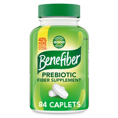 Benefiber bottle front view shows caplets and clear labeling benefit