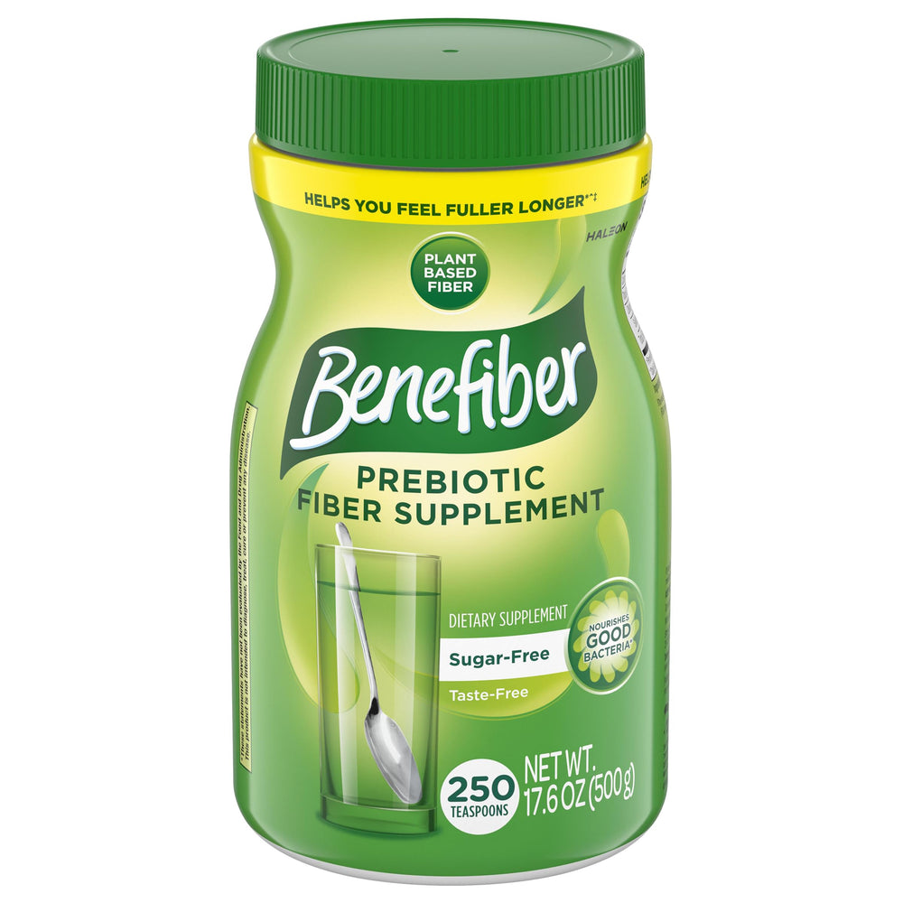Benefiber front packaging showing unflavored tub and benefits