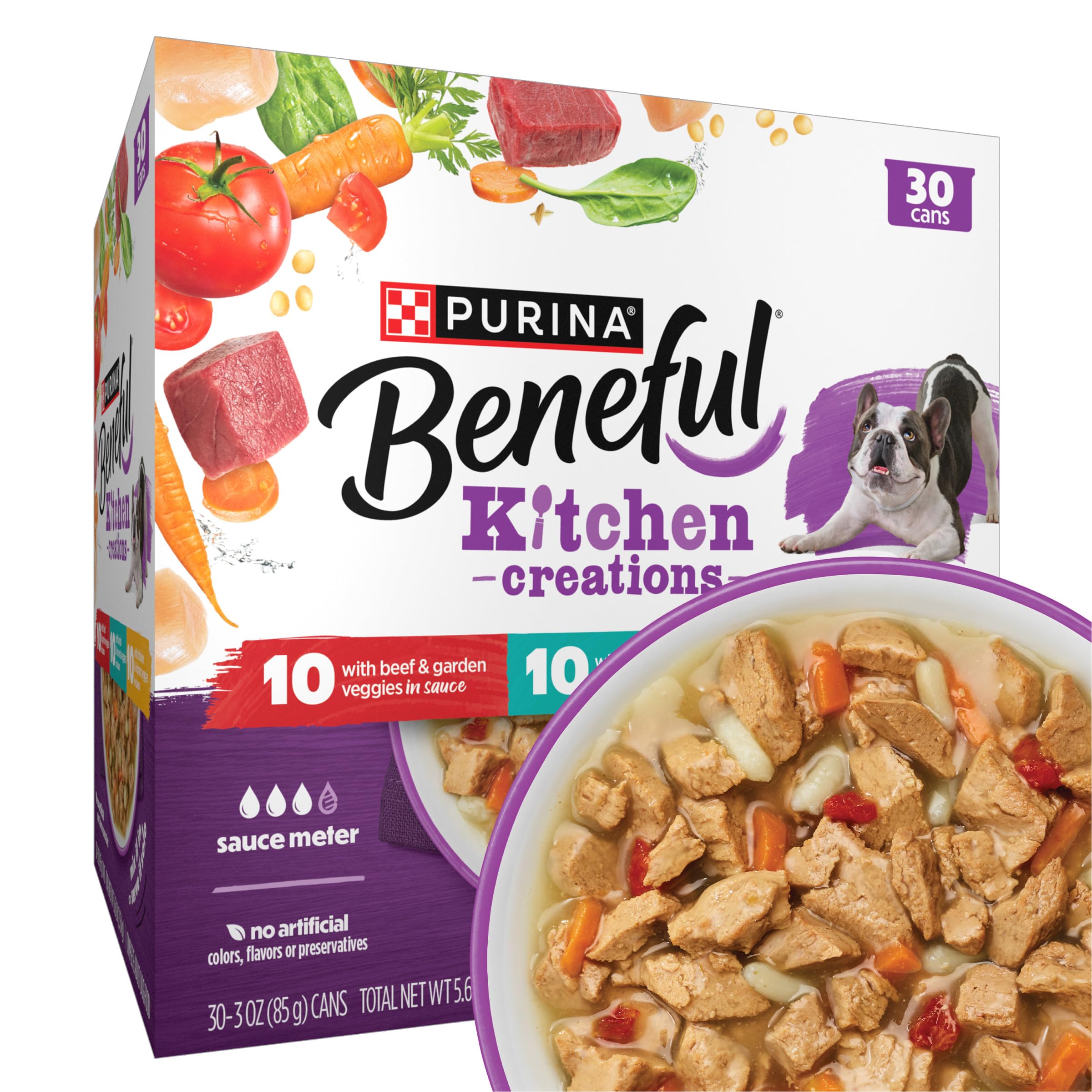 Beneful front packaging shows 30 cans and convenient variety
