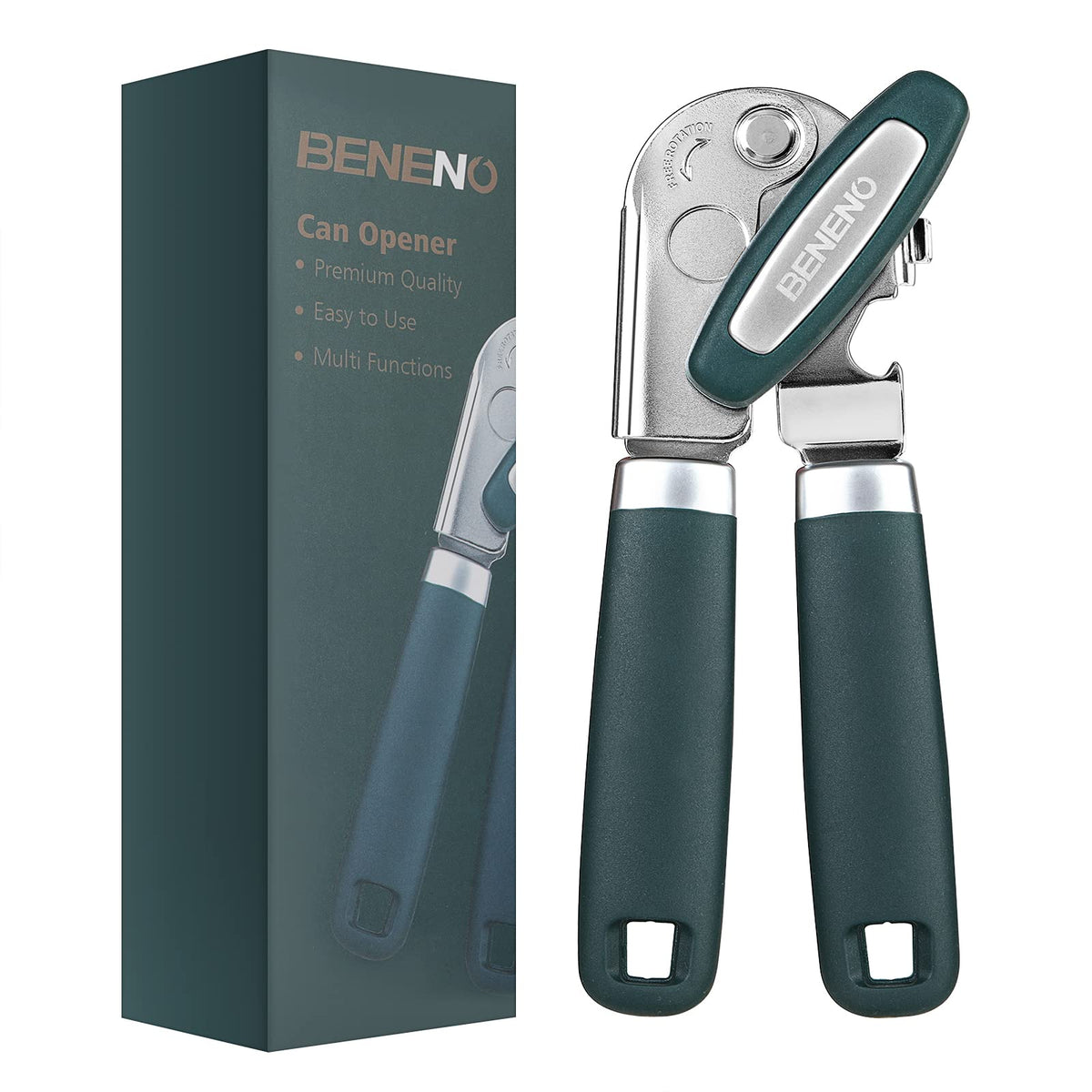 Beneno front view showing green can opener and comfortable grip benefit