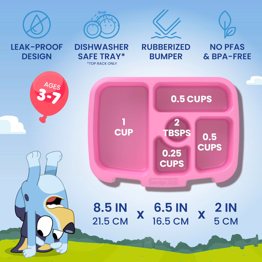 Bentgo Bluey closed lid detail highlighting secure closures and leak-resistant benefit