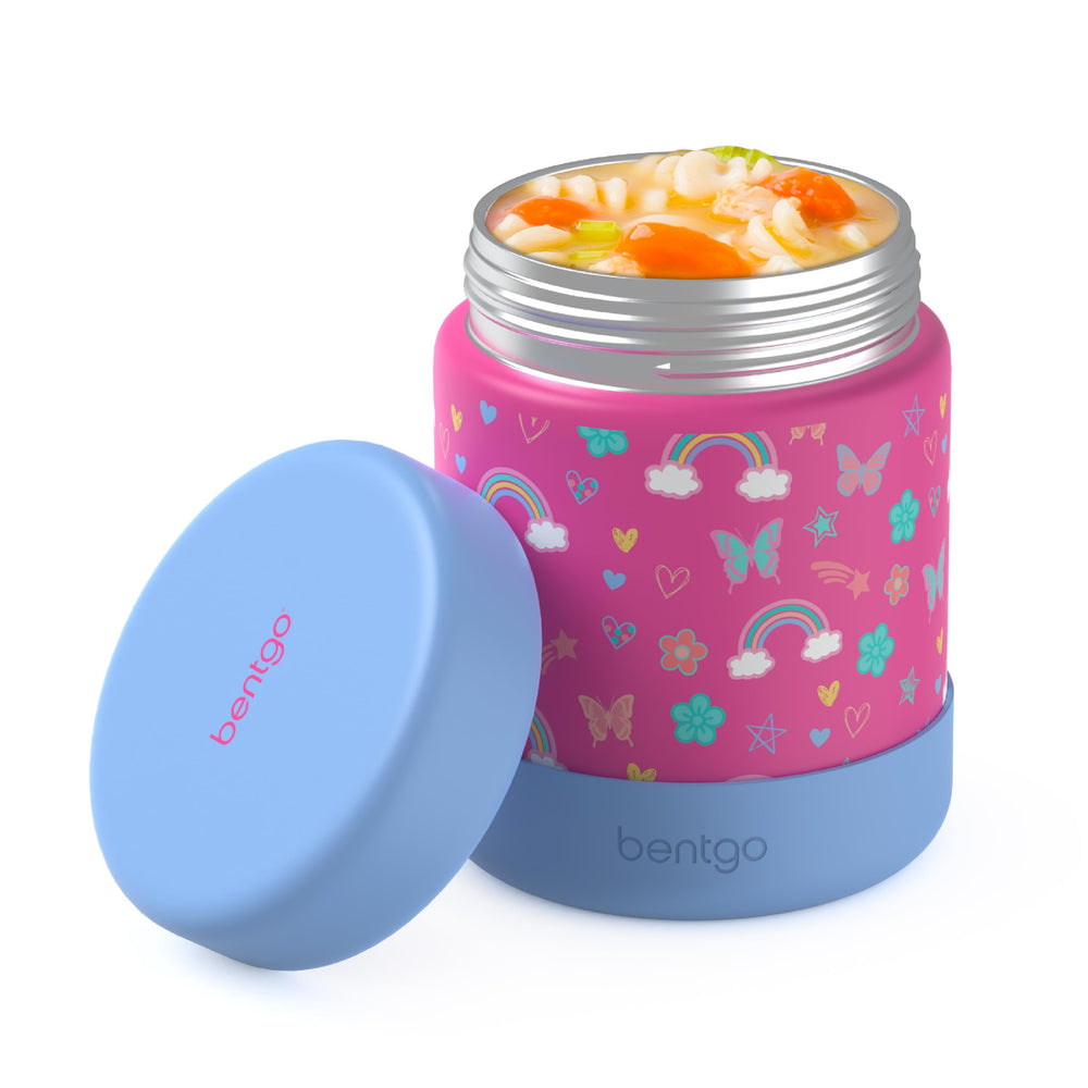 Bentgo front view of insulated food jar showing playful print and secure lid benefit