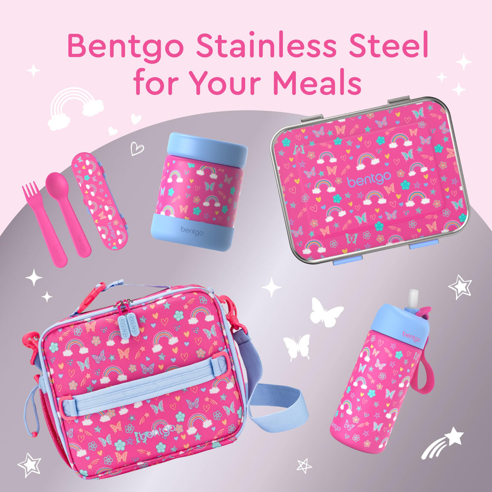 Bentgo jar next to a water bottle showing scale and portable lunchtime benefit