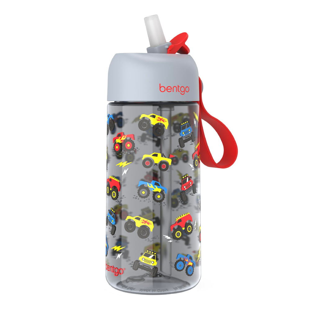 Bentgo front view showing 15 fl oz bottle and colorful design for easy recognition