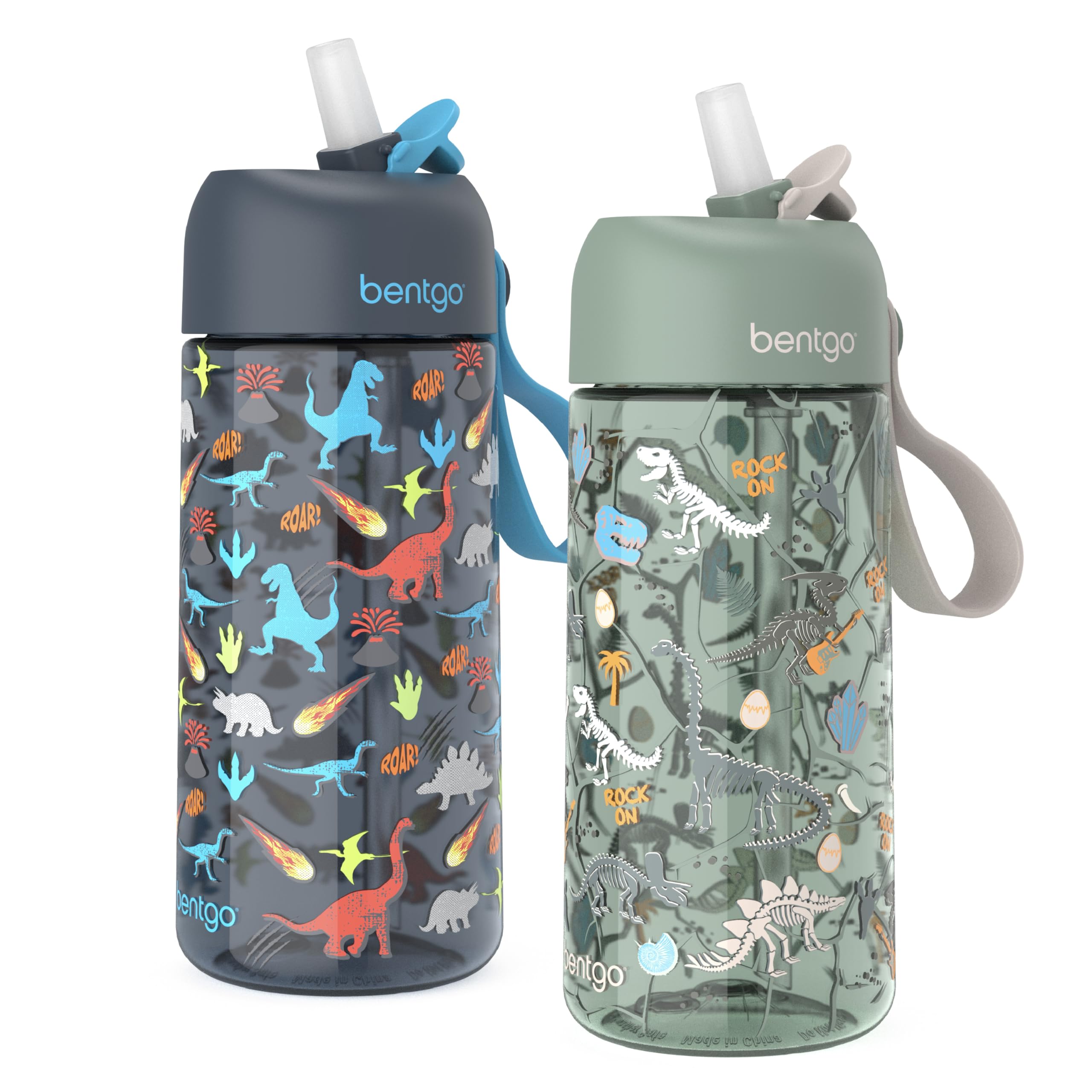 Bentgo front view of two bottles showing vibrant prints and compact design for easy packing