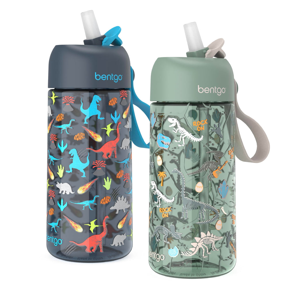 Bentgo front view of two bottles showing vibrant prints and compact design for easy packing