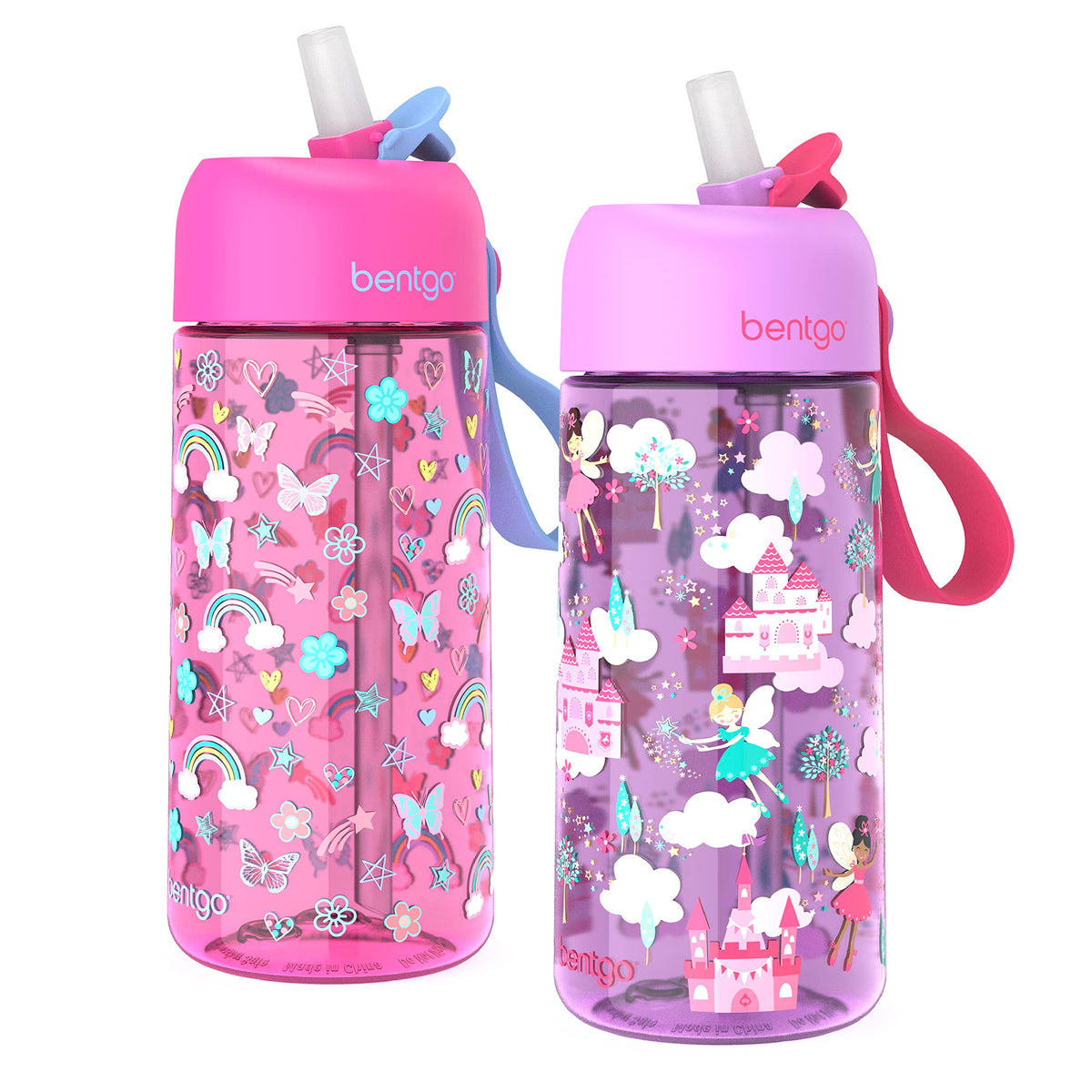 Bentgo front view of both bottles showing prints and compact shape for easy carrying
