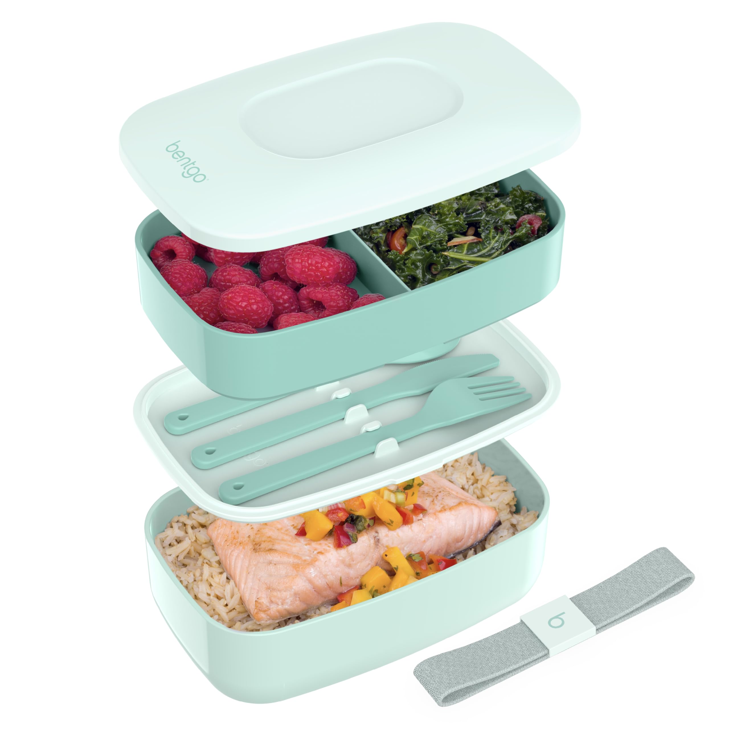 Bentgo front view showing stackable lunch box and secure strap benefit