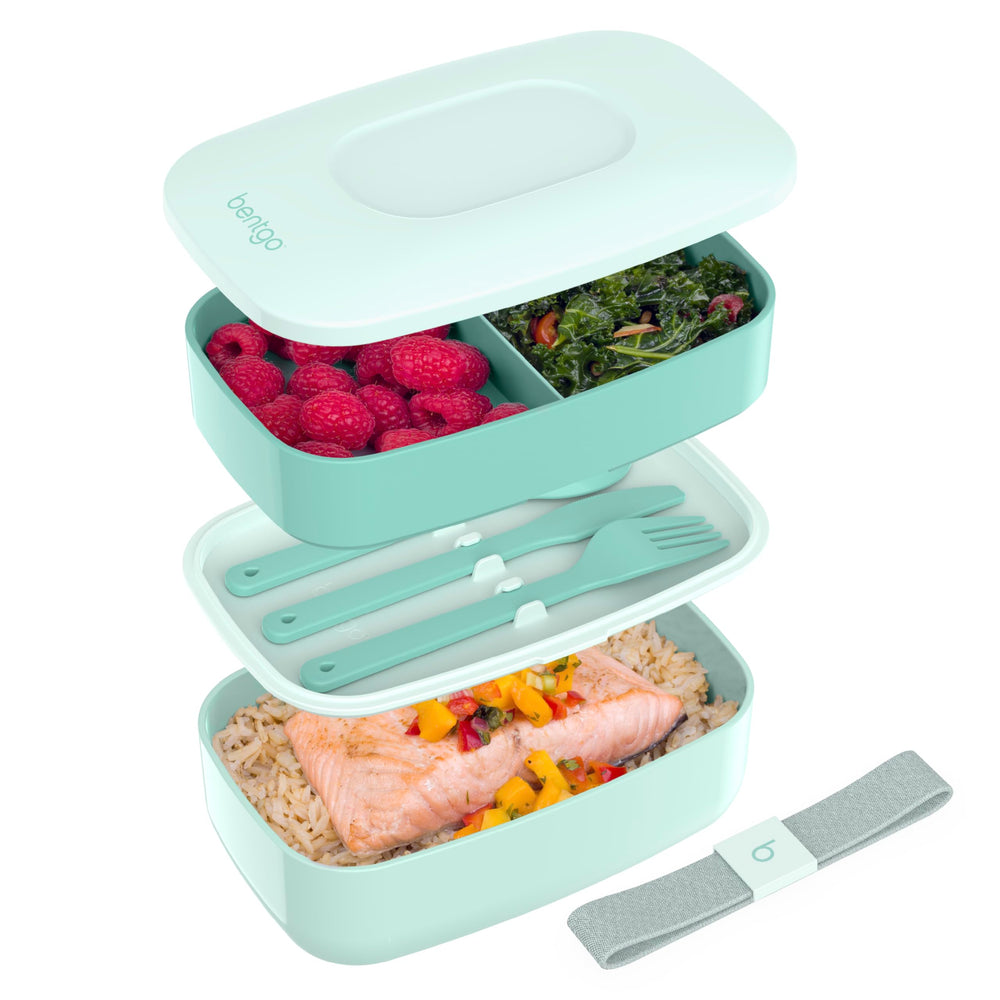 Bentgo front view showing stackable lunch box and secure strap benefit