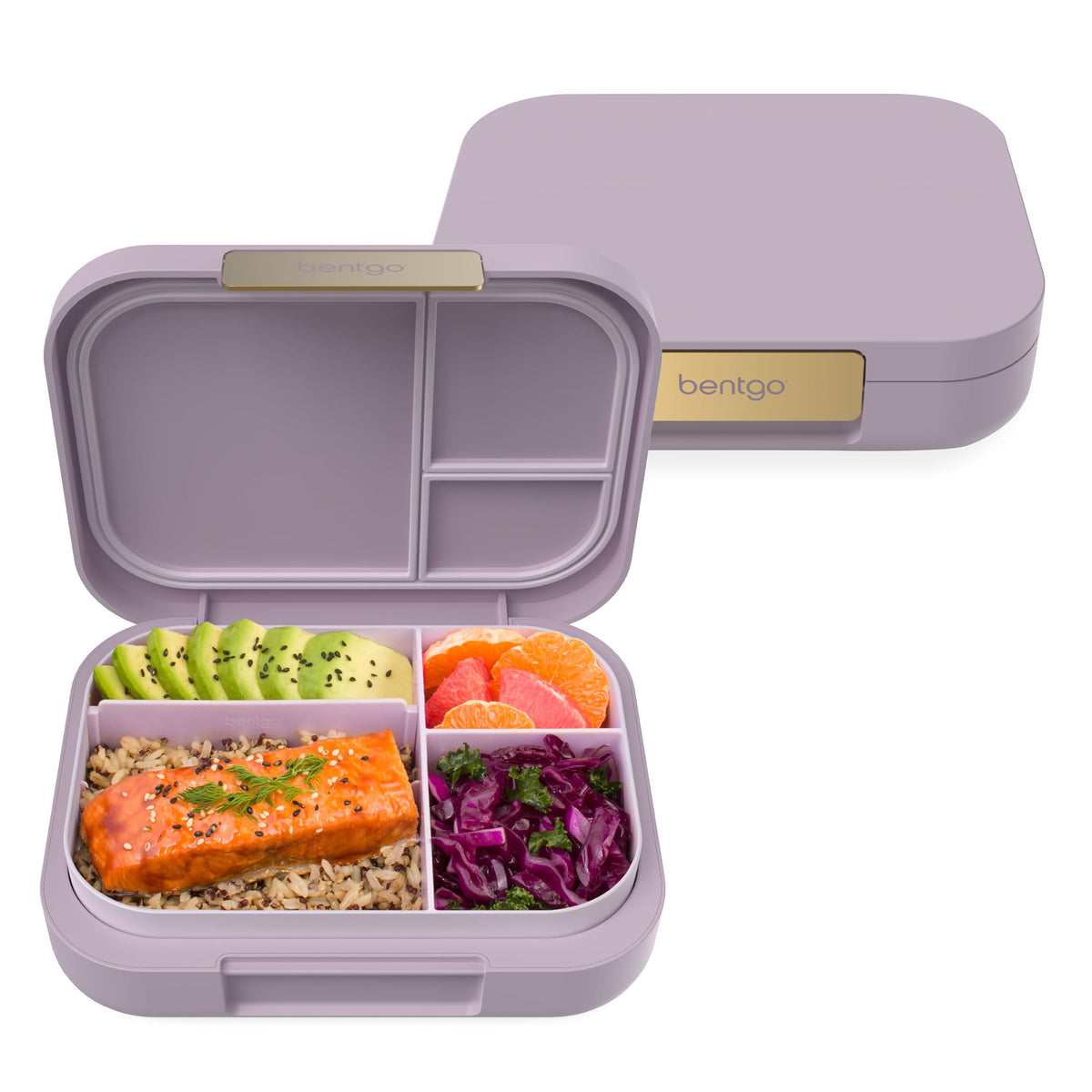 Bentgo front view showing sleek two-tone design and secure lid benefit: fashionable portability