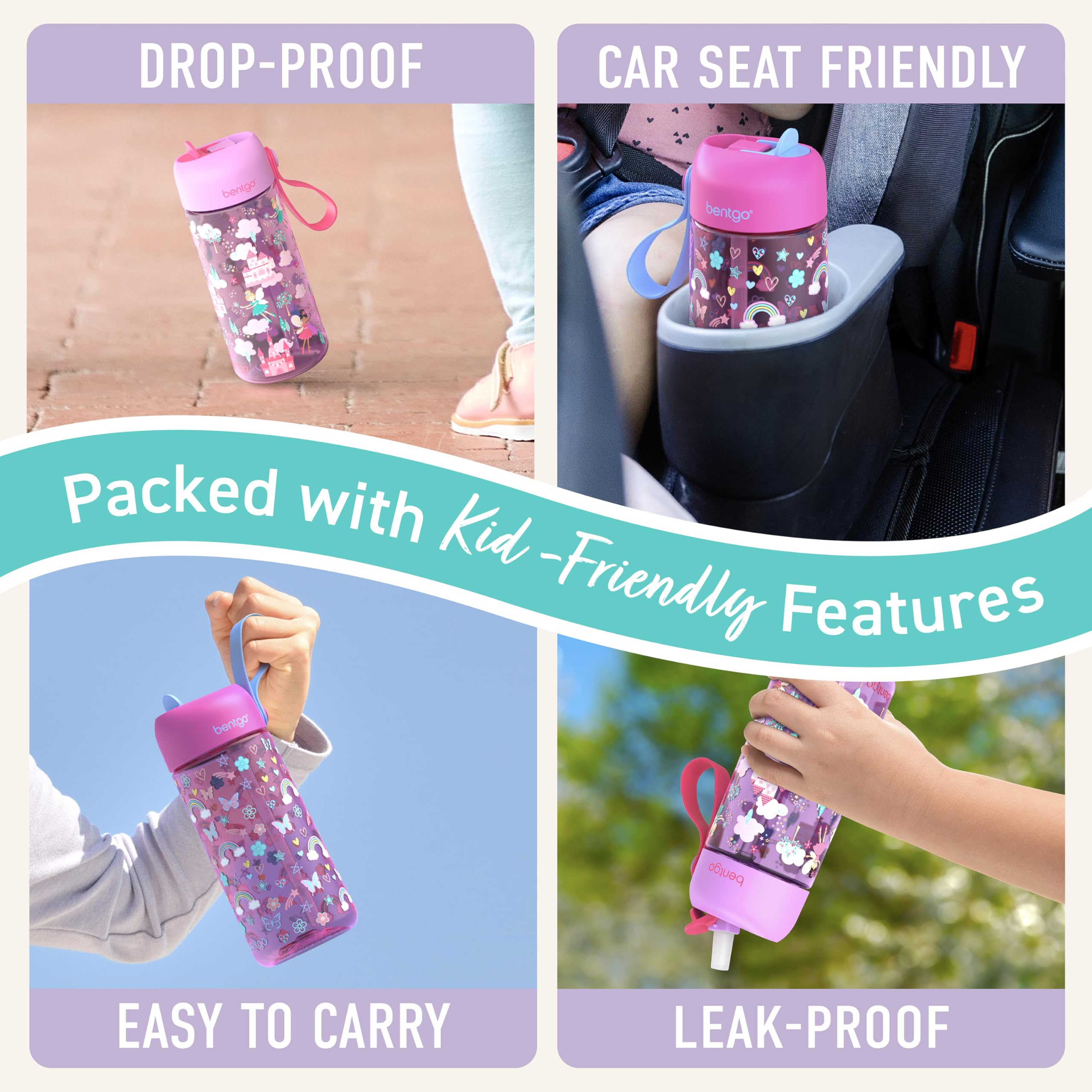 Bentgo bottle placed in car cup holder proving travel-friendly fit