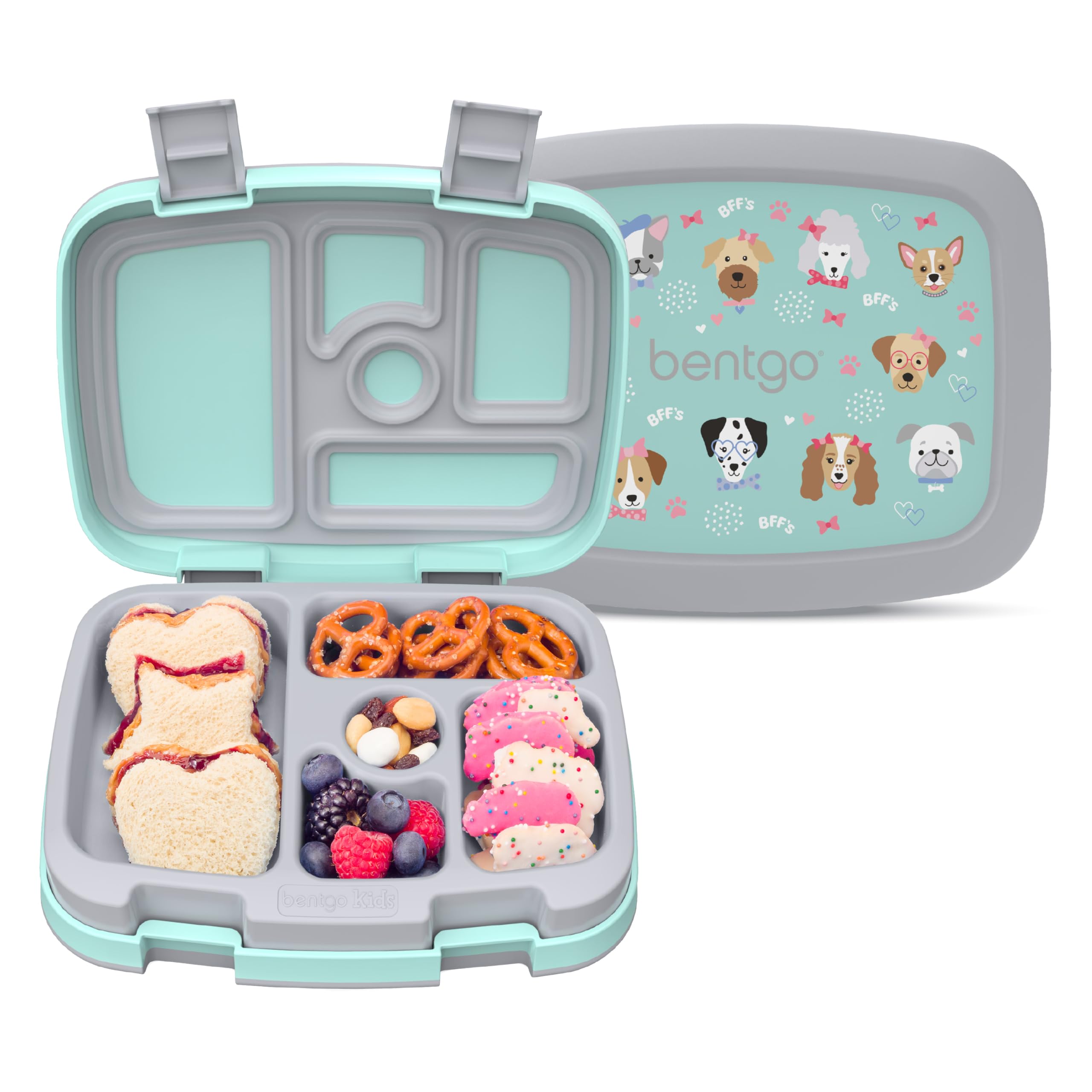Bentgo front view showing prints and secure latches for easy packing