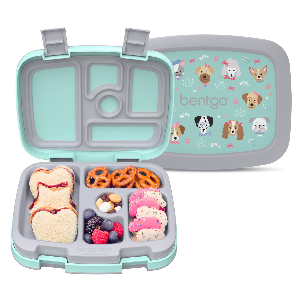 Bentgo front view showing prints and secure latches for easy packing