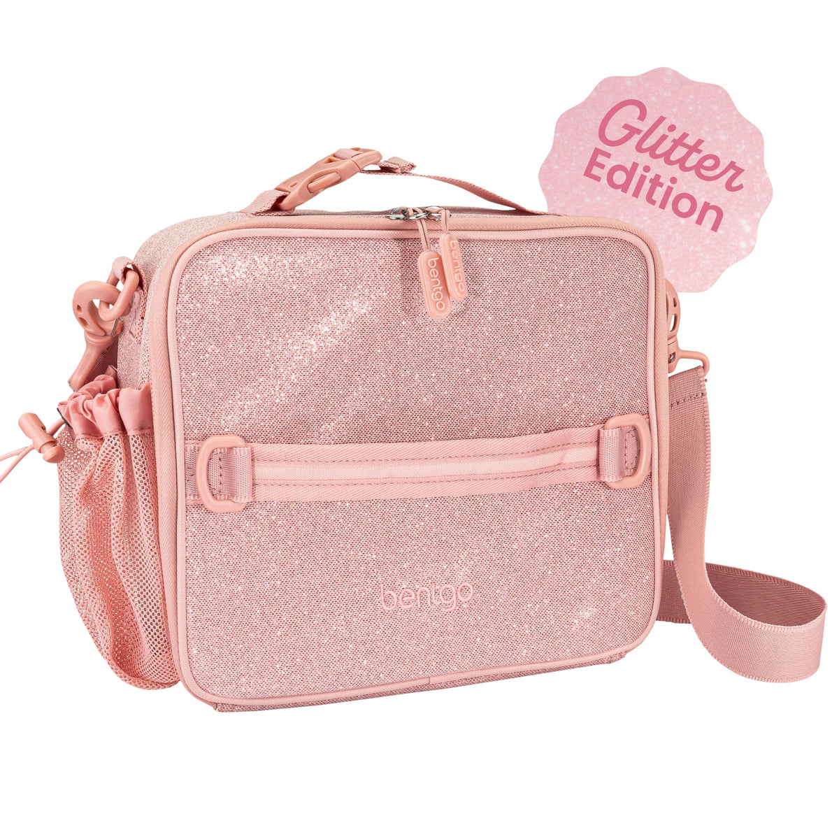 Bentgo front view glitter petal pink showing compact, organized design and playful look