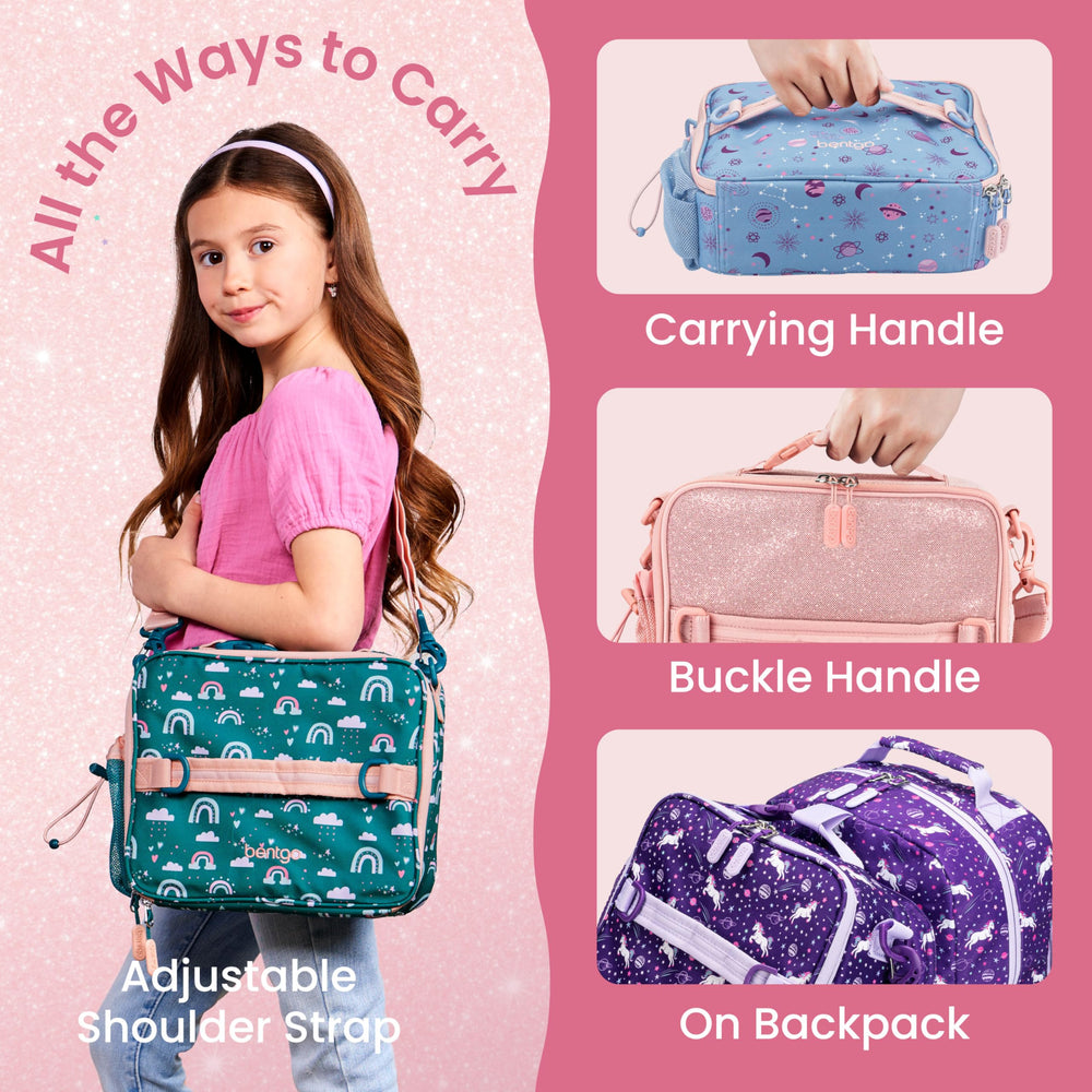Bentgo packed with lunch box bottle and snacks demonstrating roomy organization