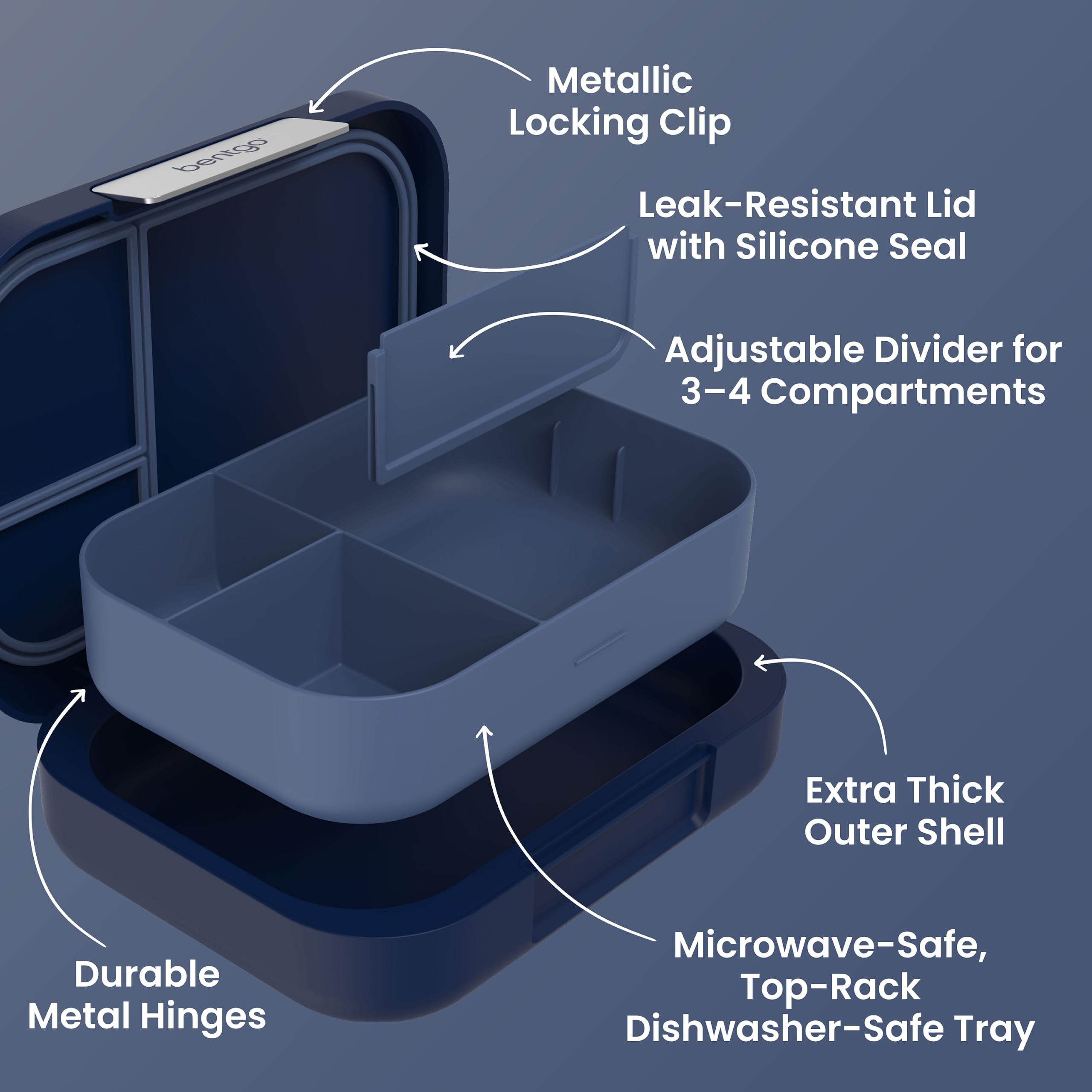 Bentgo locking clip closeup highlighting metal hinge durability and leak protection benefit