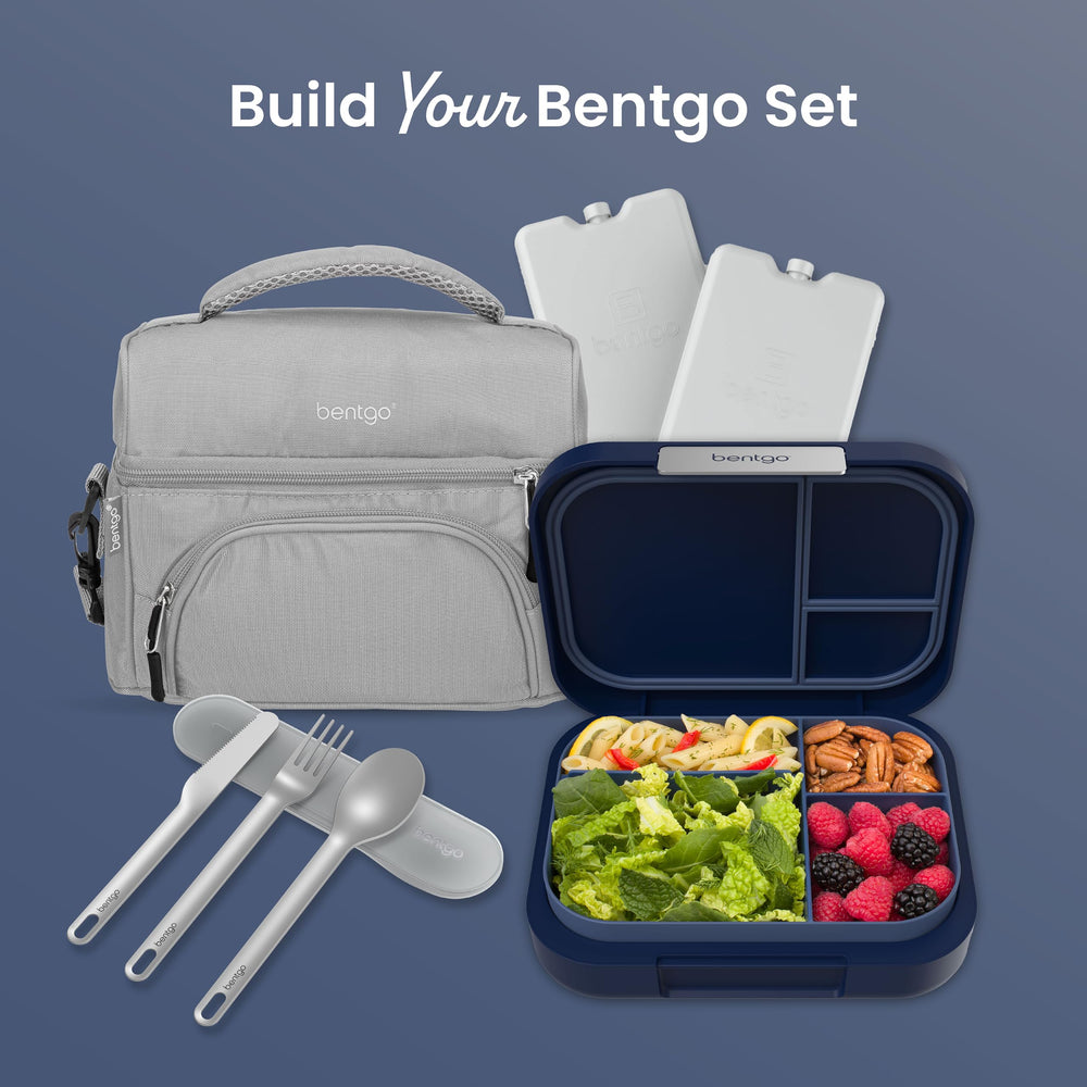 Bentgo next to a water bottle showing scale and portable size benefit