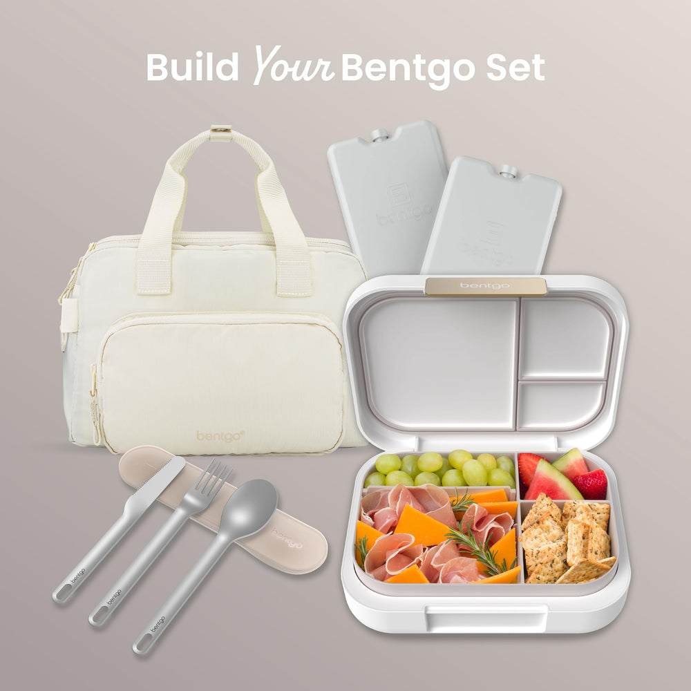 Bentgo modern next to water bottle for scale demonstrating compact portability benefit