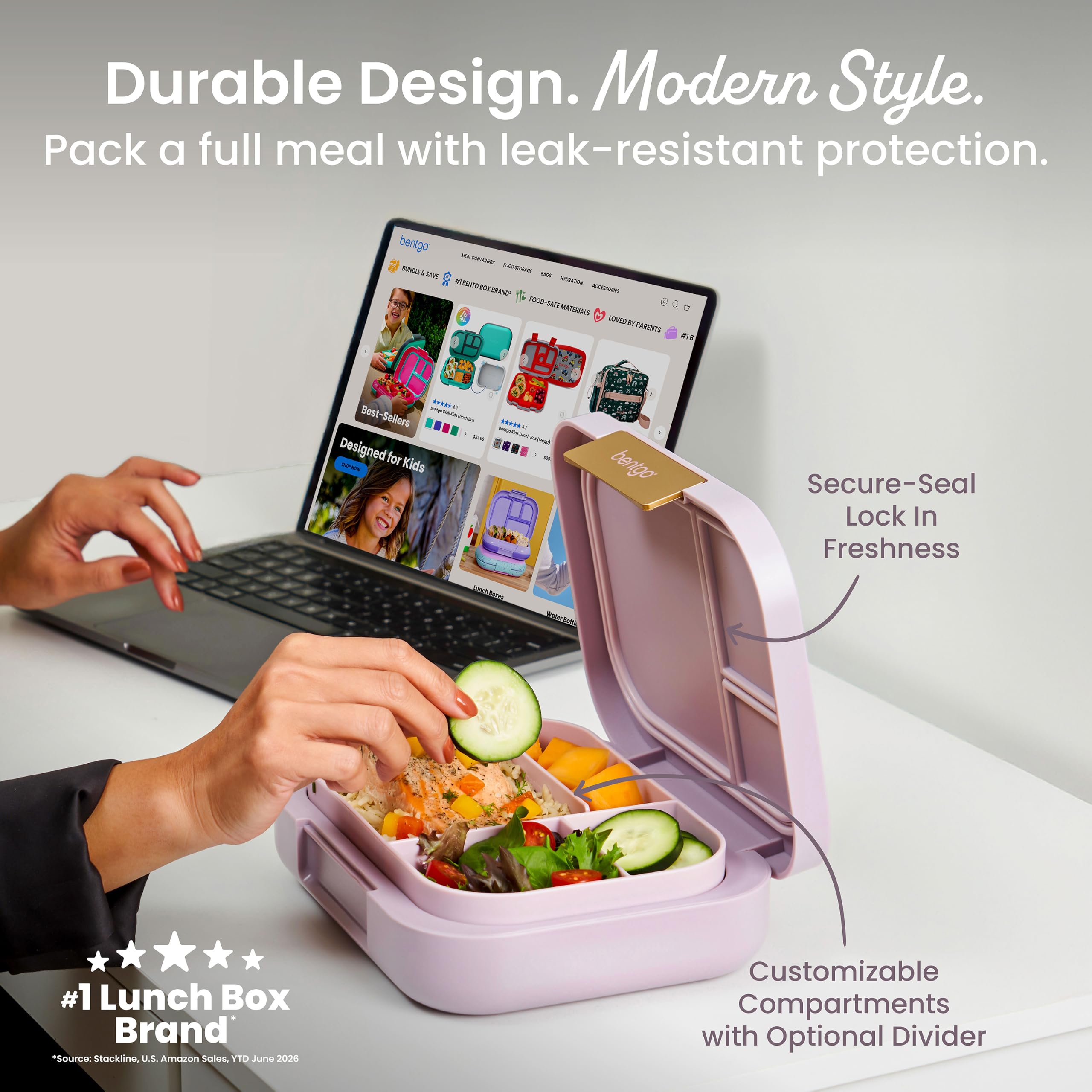 Bentgo open top view revealing removable tray and compartments benefit: flexible meal setup