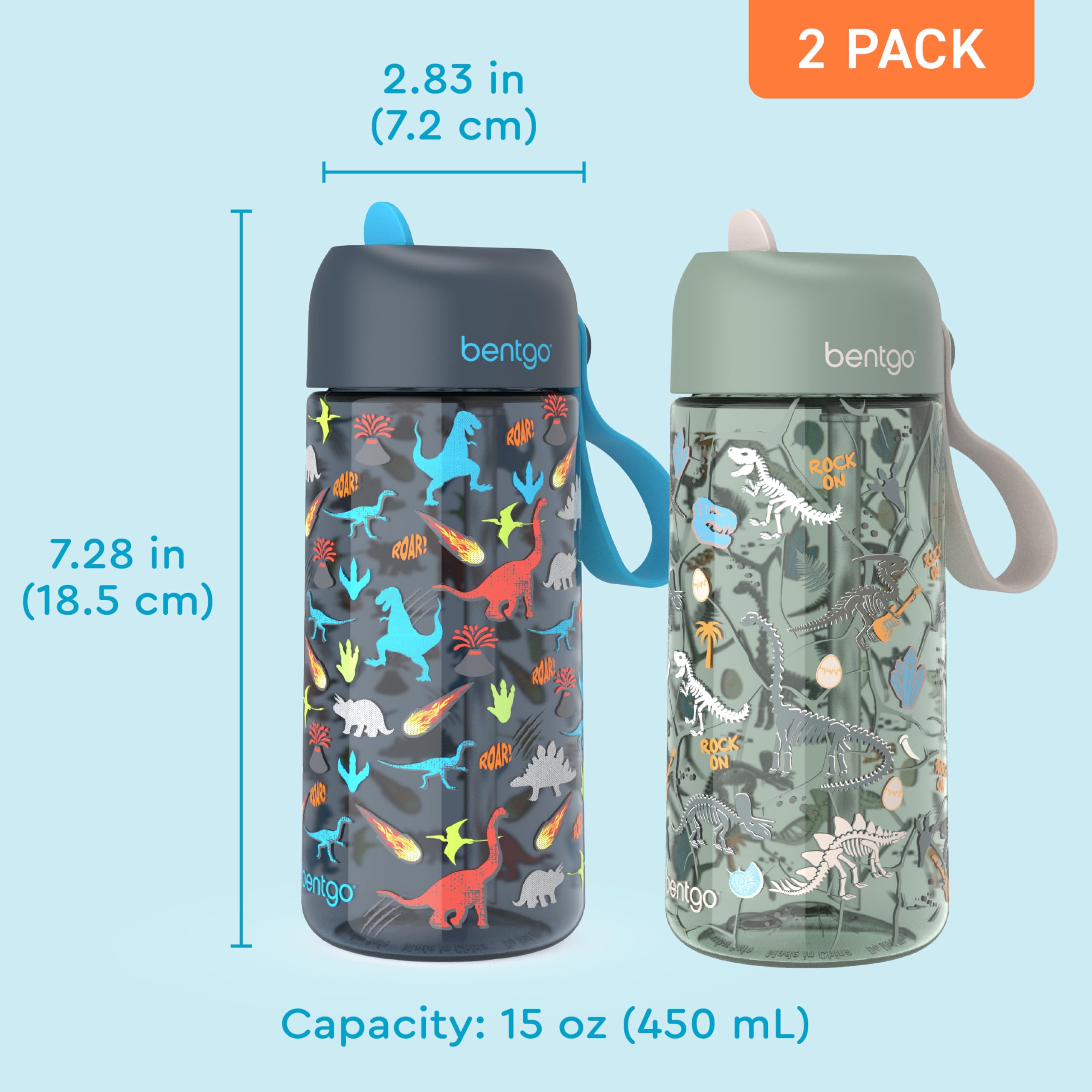 Bentgo 15 oz bottle next to a phone showing size comparison and portable capacity