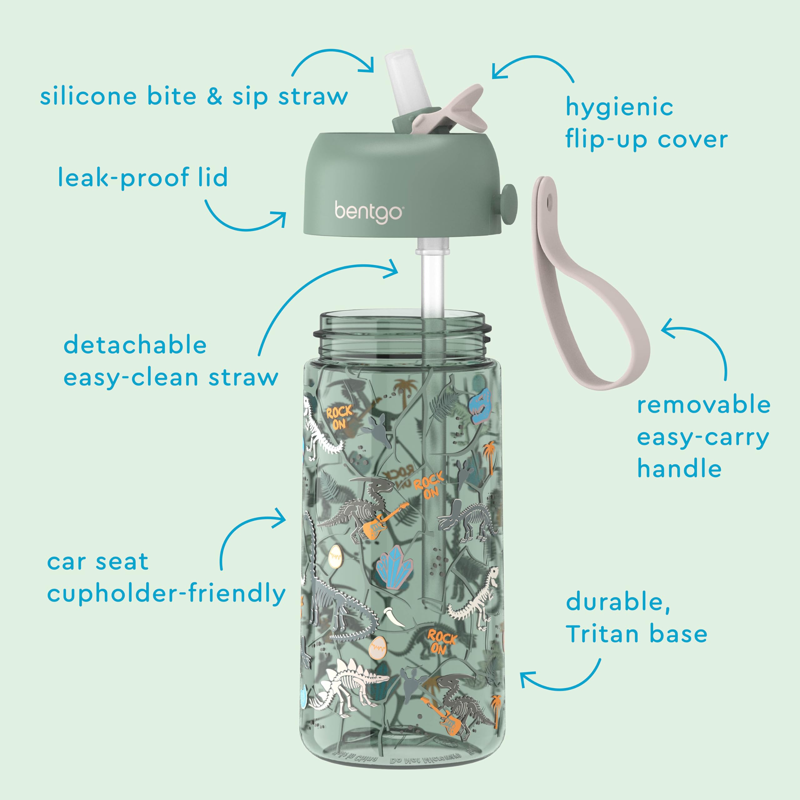 Top-down view of Bentgo flip-up straw folded away keeping spout clean and protected