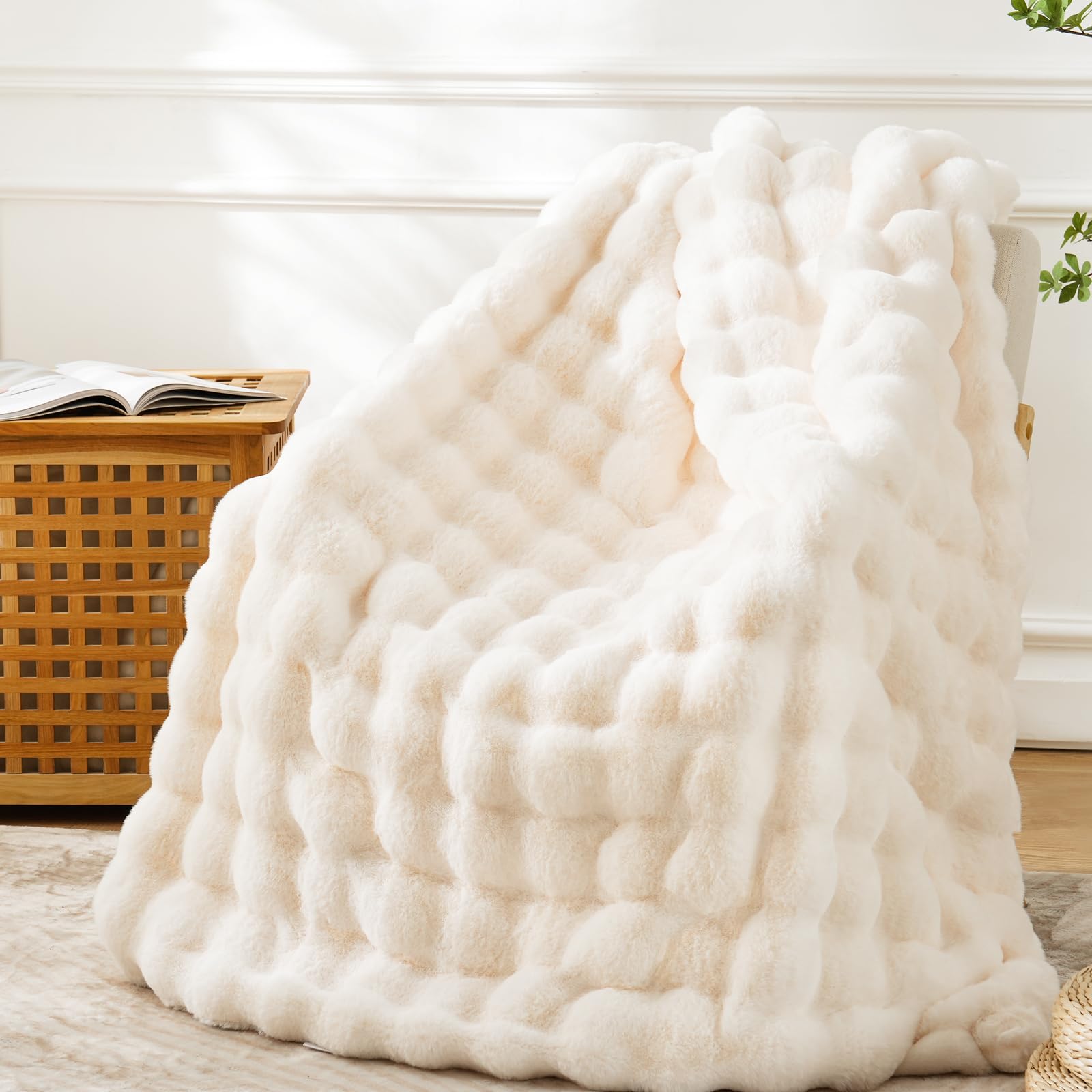 BENVWE front view throw in cream white showing full blanket benefits