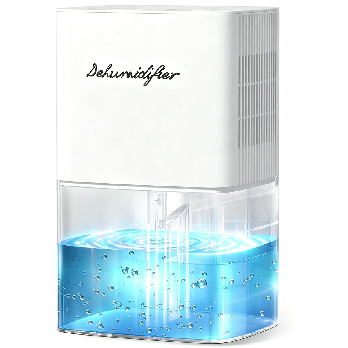 BeOkay front view dehumidifier showing compact design and 58oz tank, easy placement benefit