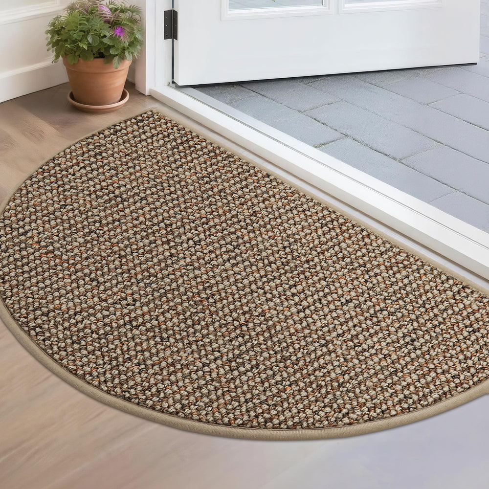 BEQHAUSE front view half-circle taupe mat shows clean entry benefit