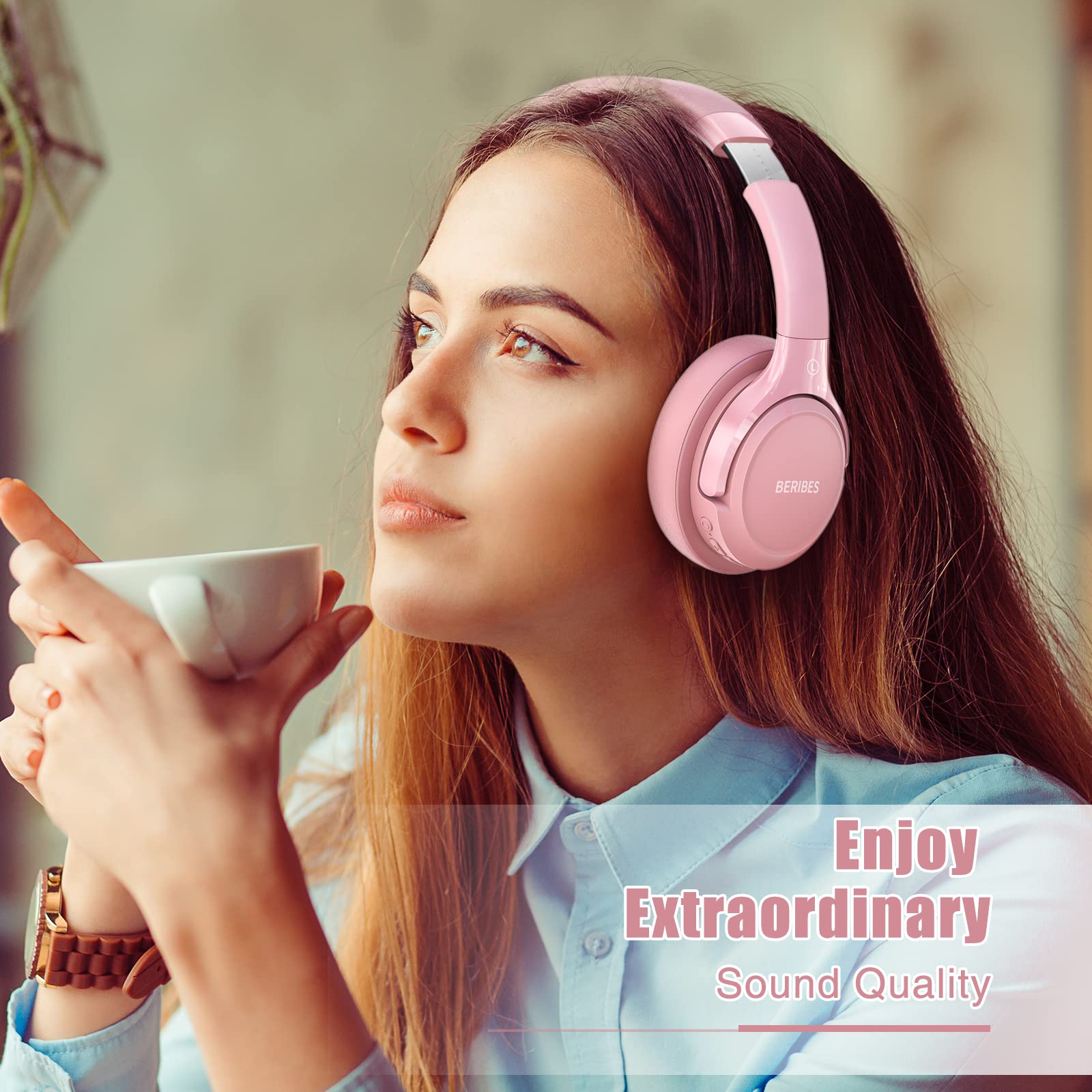 BERIBES wearing headphones on commuter train highlighting noise isolation benefit
