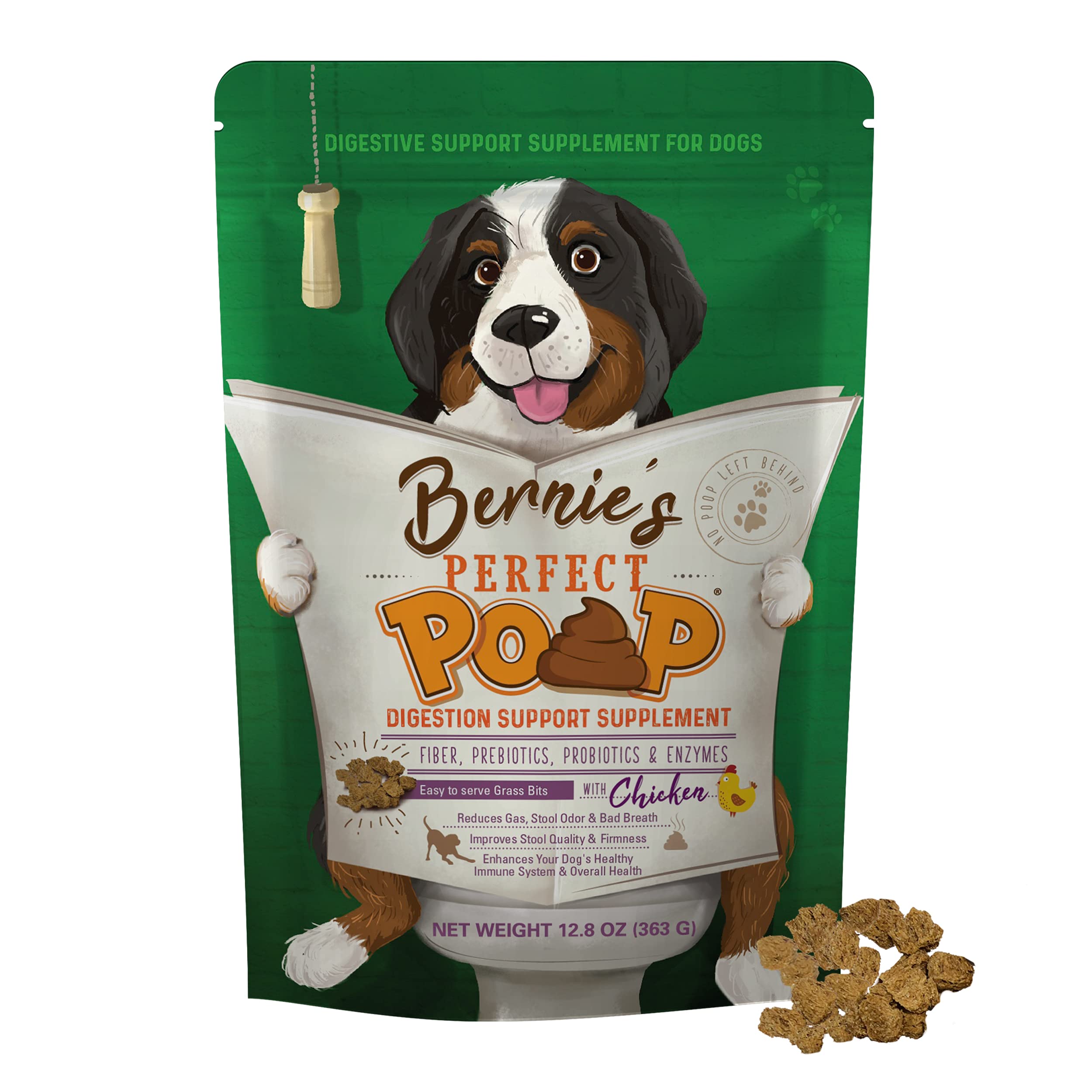 Bernie's front of bag showing Perfect Poop supplement and clear benefit