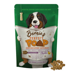 Bernie's front of bag showing Perfect Poop supplement and clear benefit