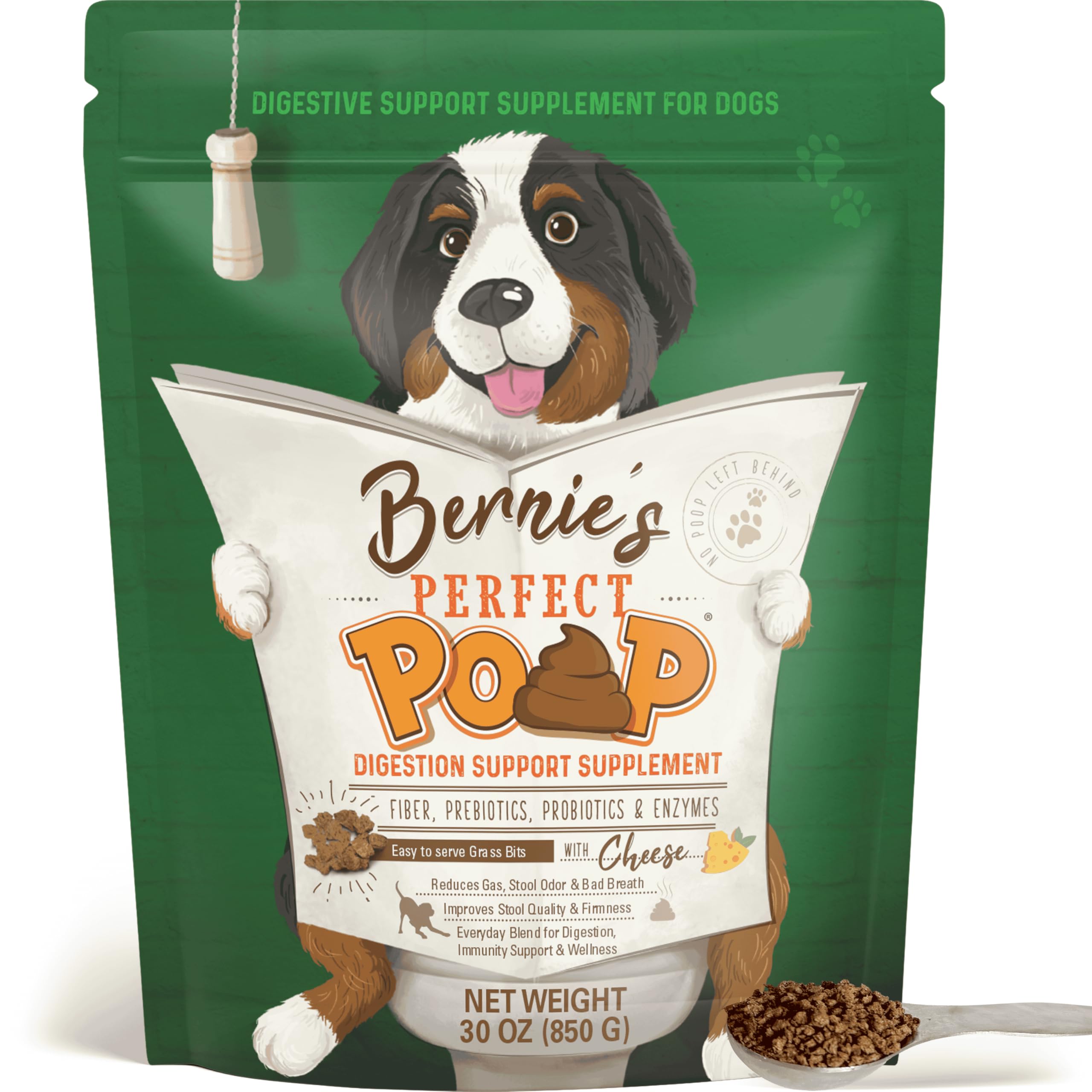 Bernie's jar front view showing product and cheese flavor, helps digestive support