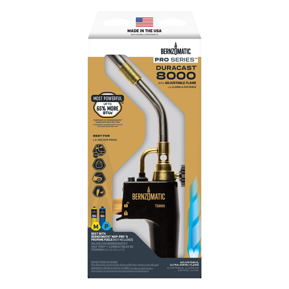 Bernzomatic TS8000 trigger ignition closeup highlighting instant on/off benefit: quick reliable starts