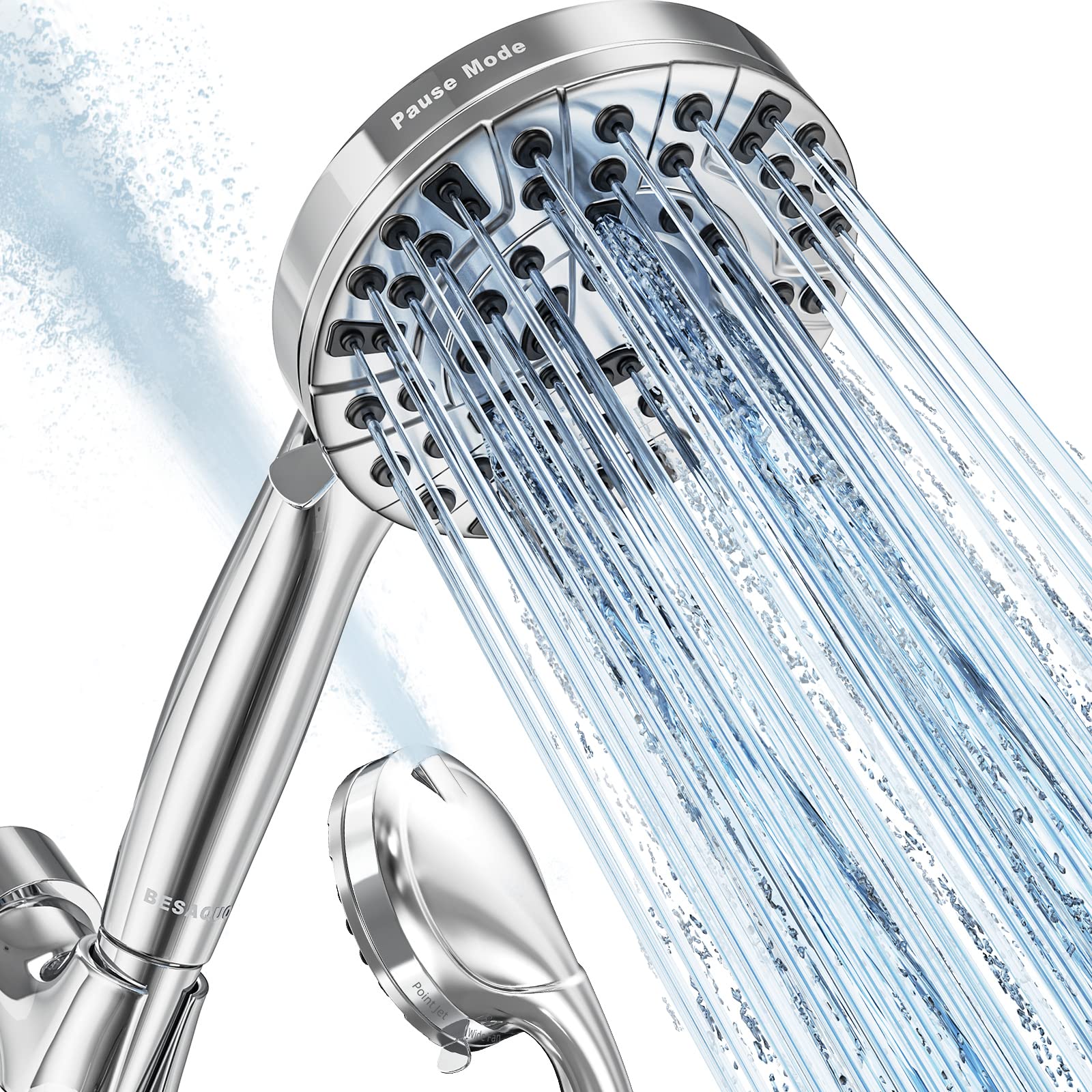 BESAQUO front-mounted shower head showing full spray coverage and stronger rinse