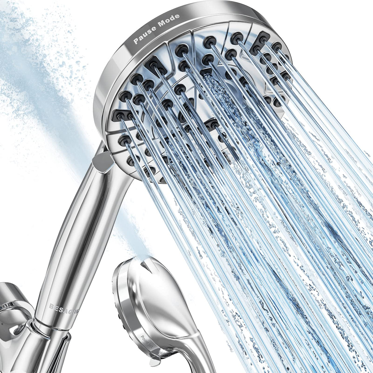 BESAQUO front-mounted shower head showing full spray coverage and stronger rinse
