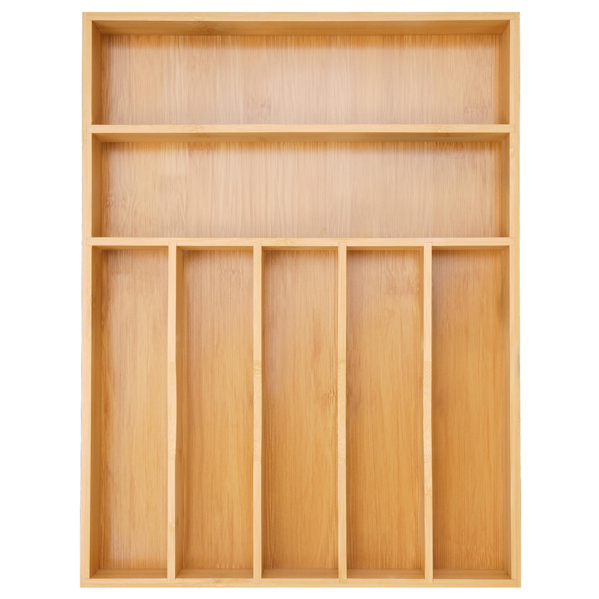 Besilord bamboo silverware organizer front view showing neat seven-slot layout and natural finish, improves drawer order