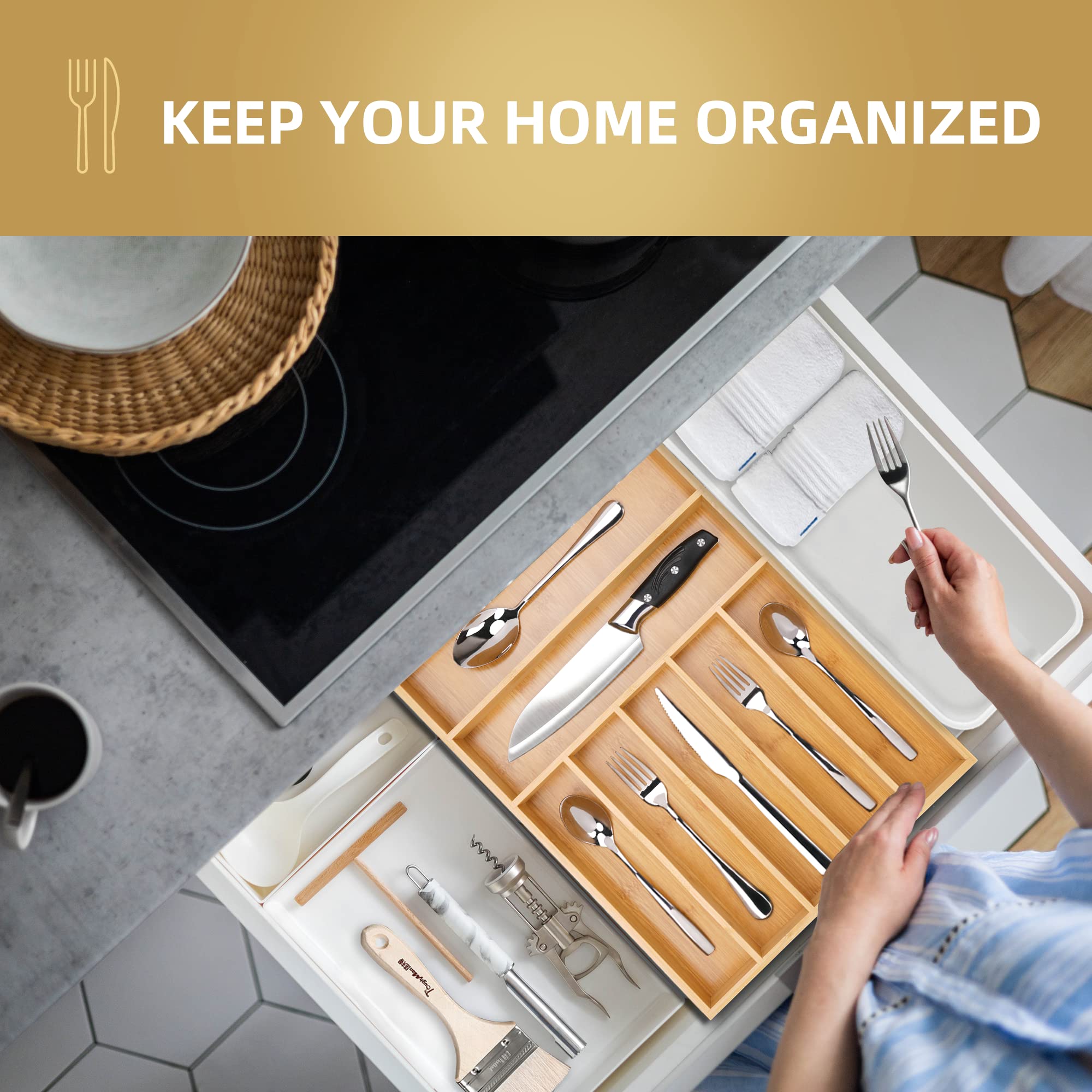 Besilord cutlery organizer installed in a kitchen drawer with utensils, demonstrates tidy storage and easy access