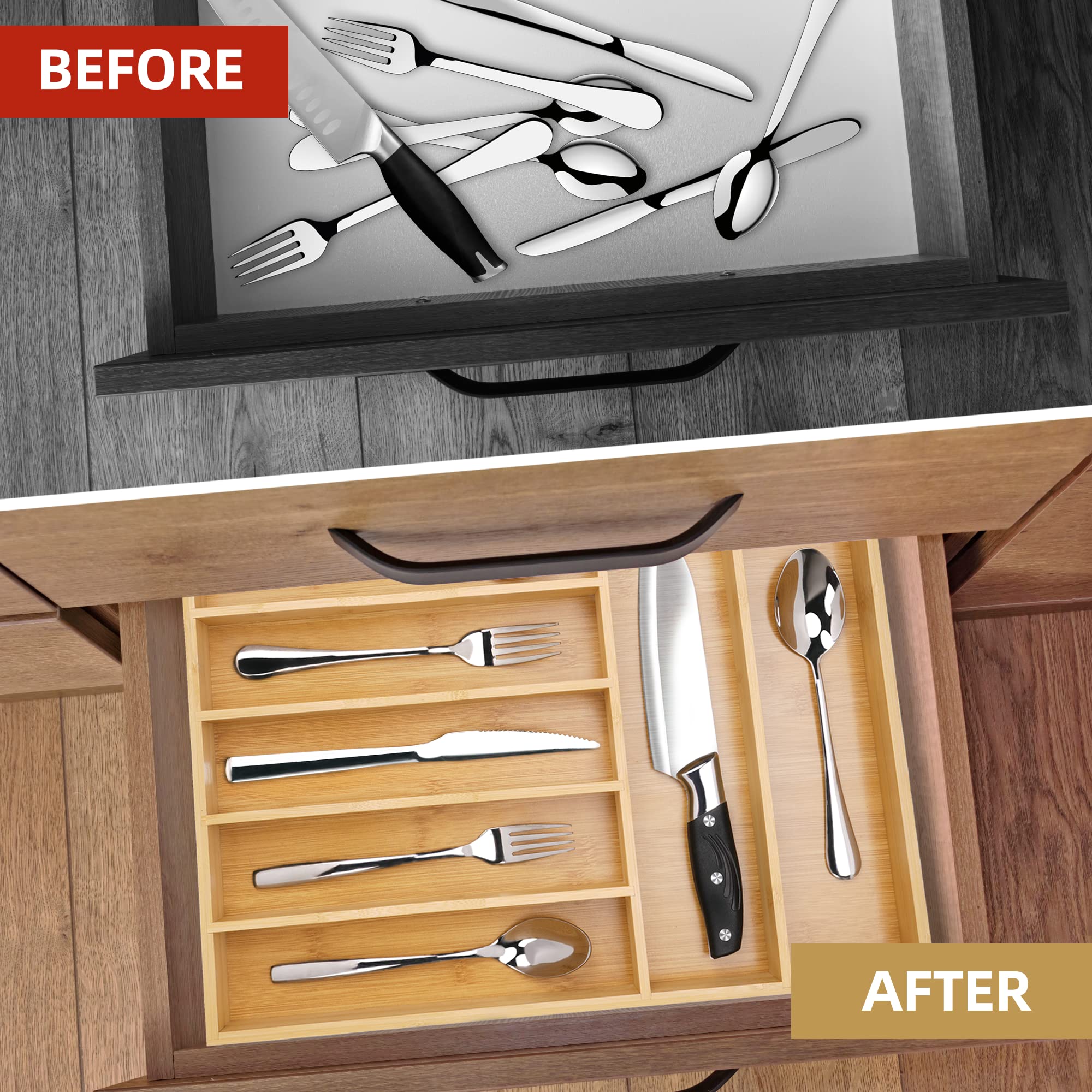Besilord flatware organizer next to measuring tape for scale comparison, helps confirm fit for your drawer